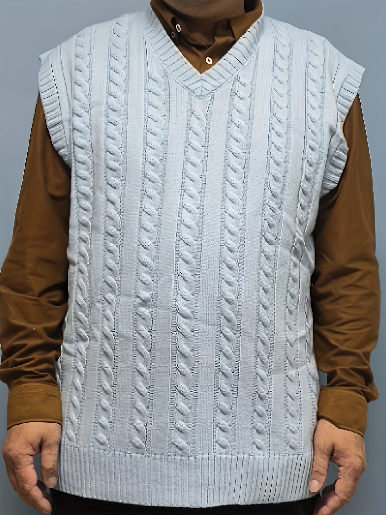 mens plus size solid color cable knit vest sleeveless   style sweater casual pullover waistcoat details 8