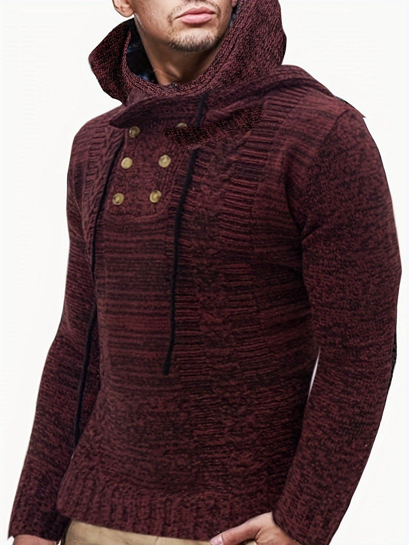 plus size mens knit solid hooded sweater with buttons comfy casual stylish slightly stretch tops mens clothing details 4