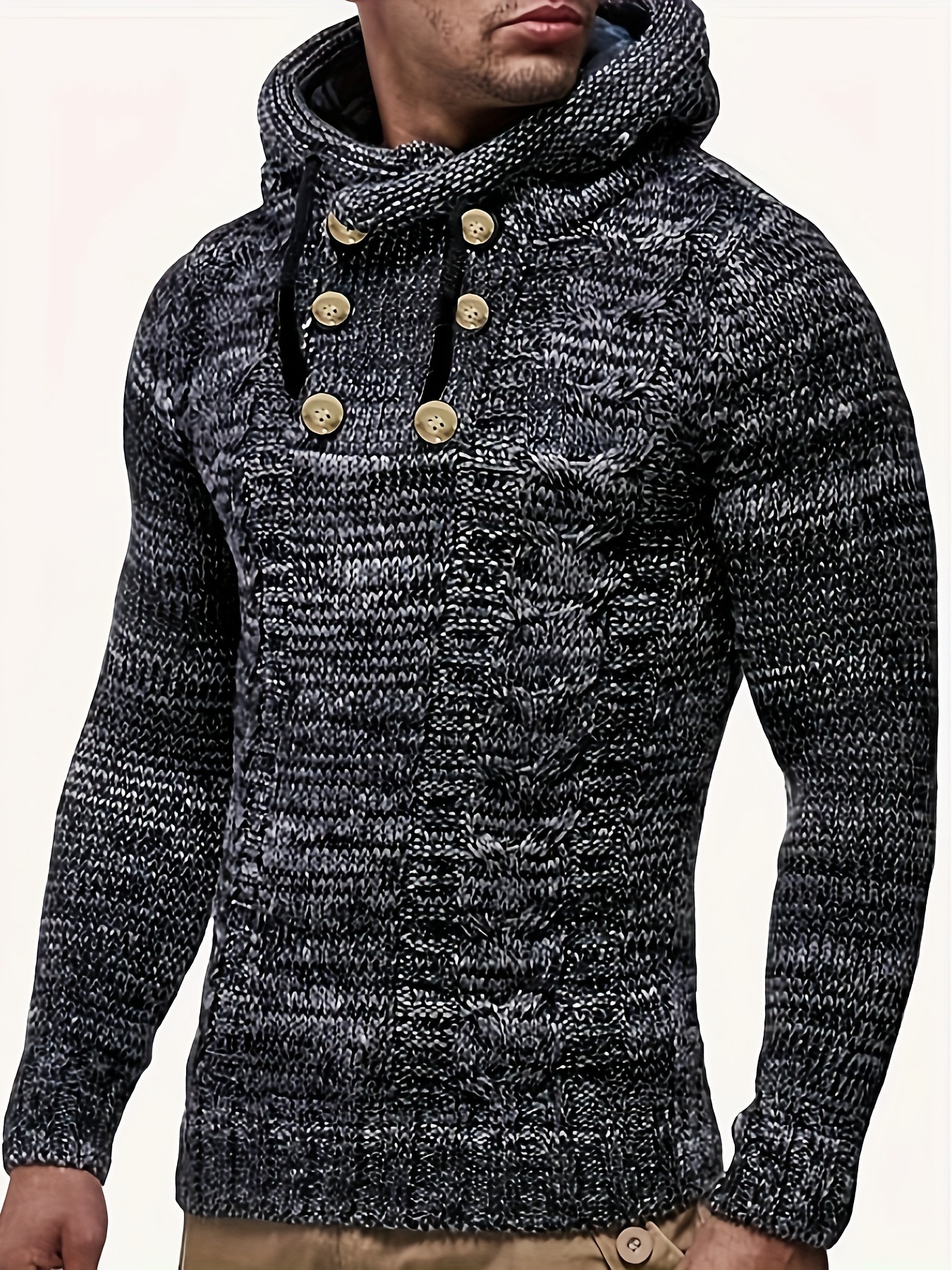 plus size mens knit solid hooded sweater with buttons comfy casual stylish slightly stretch tops mens clothing details 7