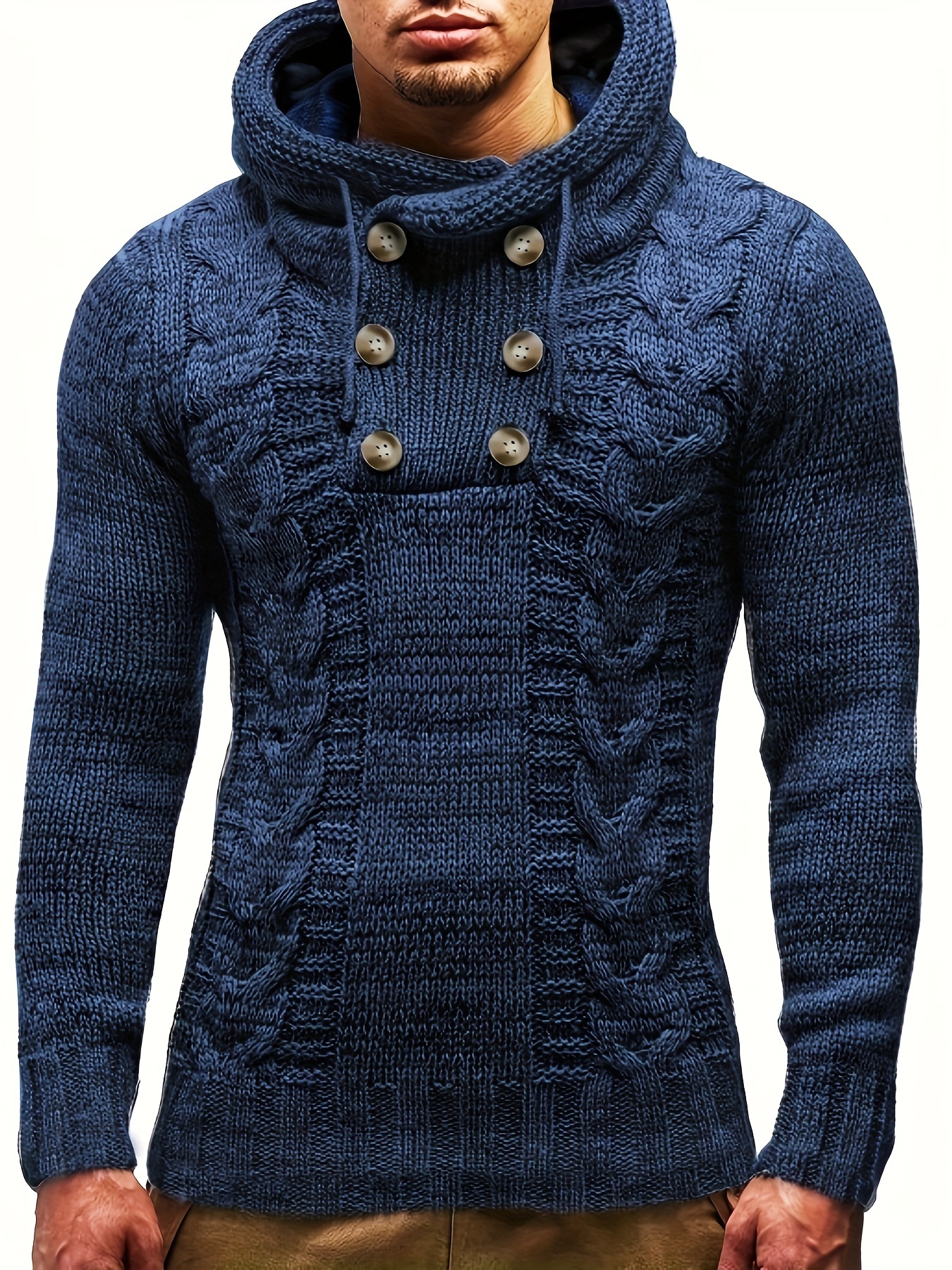 plus size mens knit solid hooded sweater with buttons comfy casual stylish slightly stretch tops mens clothing details 15