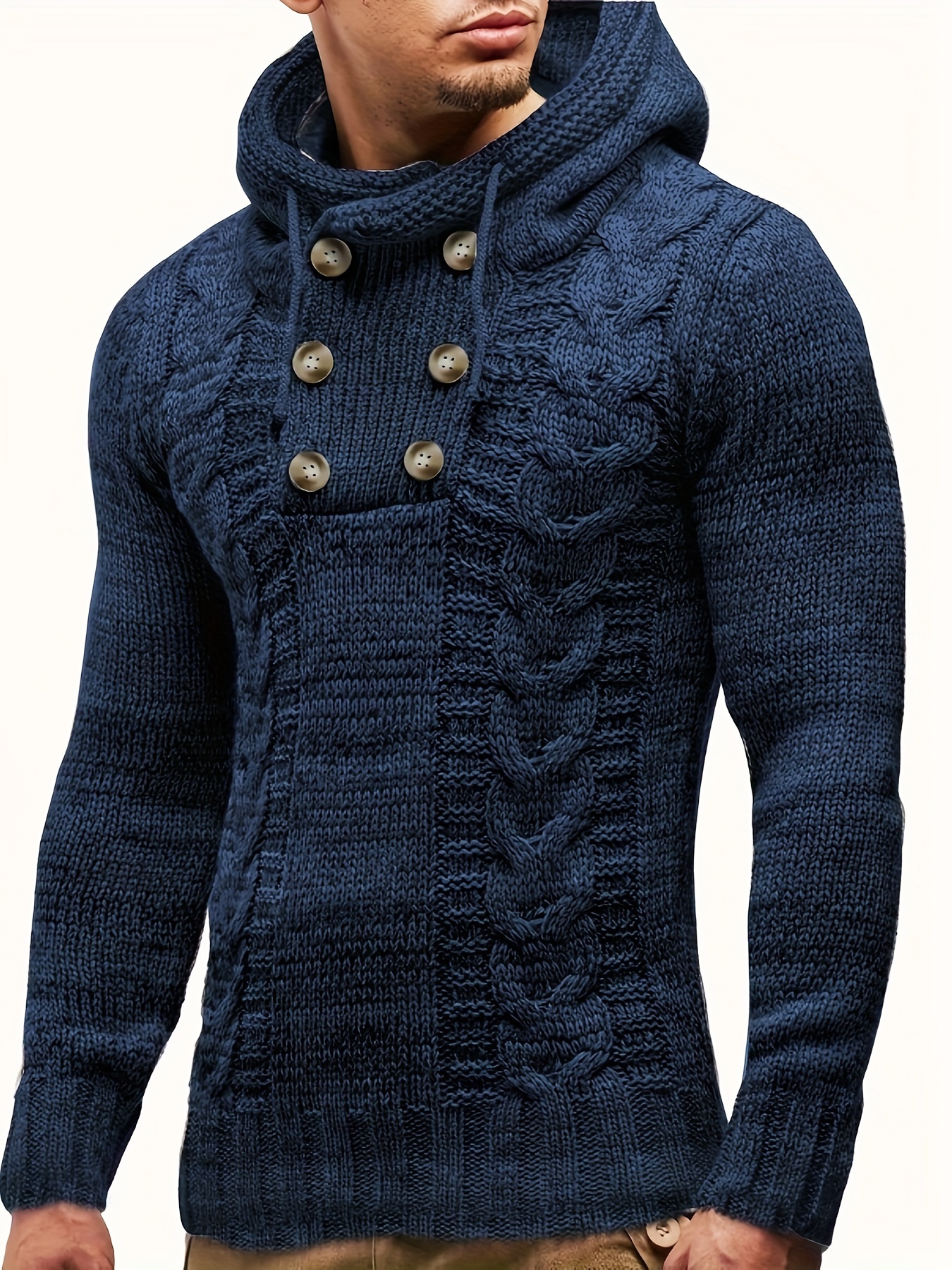 plus size mens knit solid hooded sweater with buttons comfy casual stylish slightly stretch tops mens clothing details 18