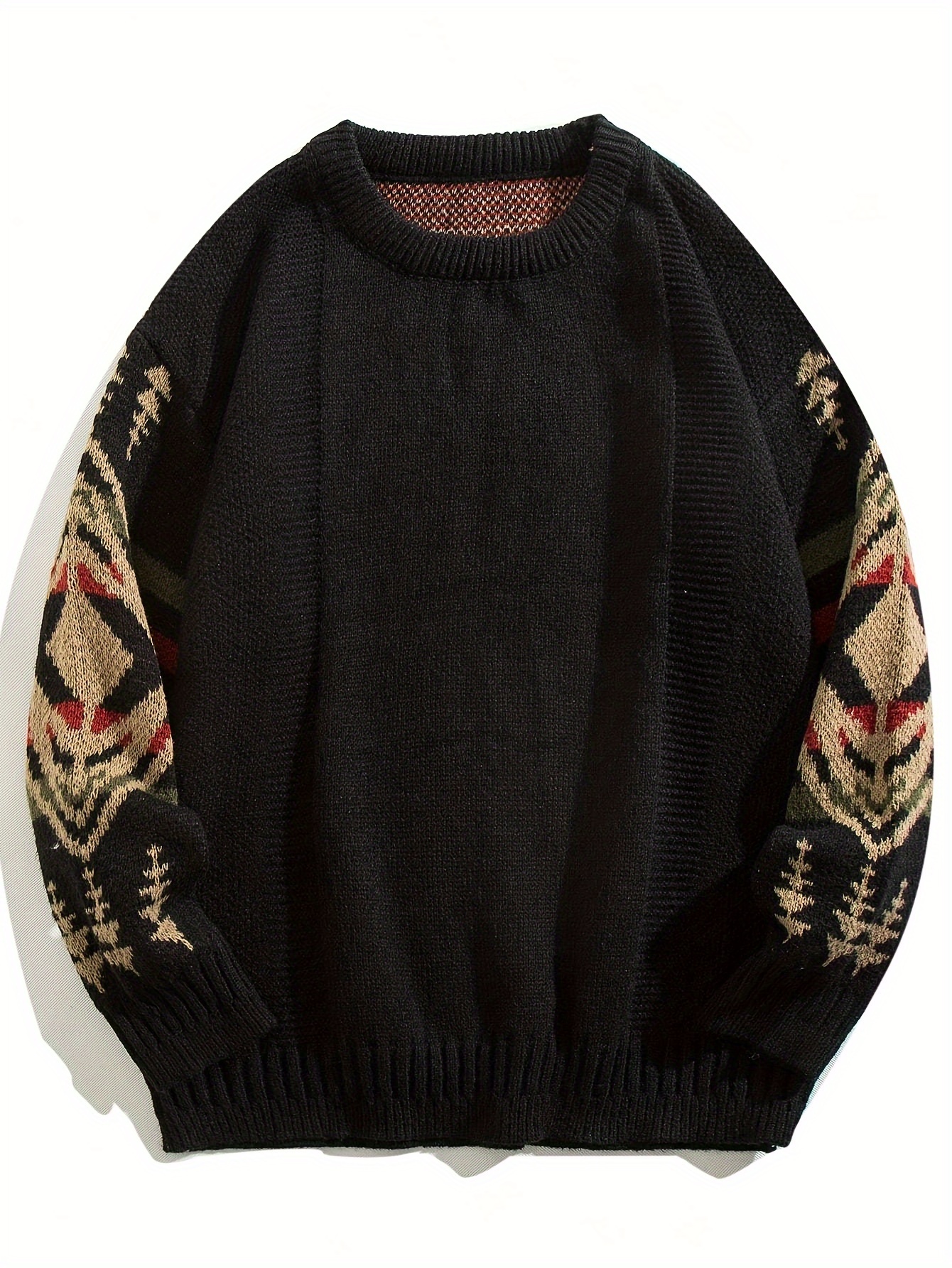 mens plus size sweater with tribal pattern print casual and preppy style crew neck knitted pullover cozy and warm for fall winter details 2