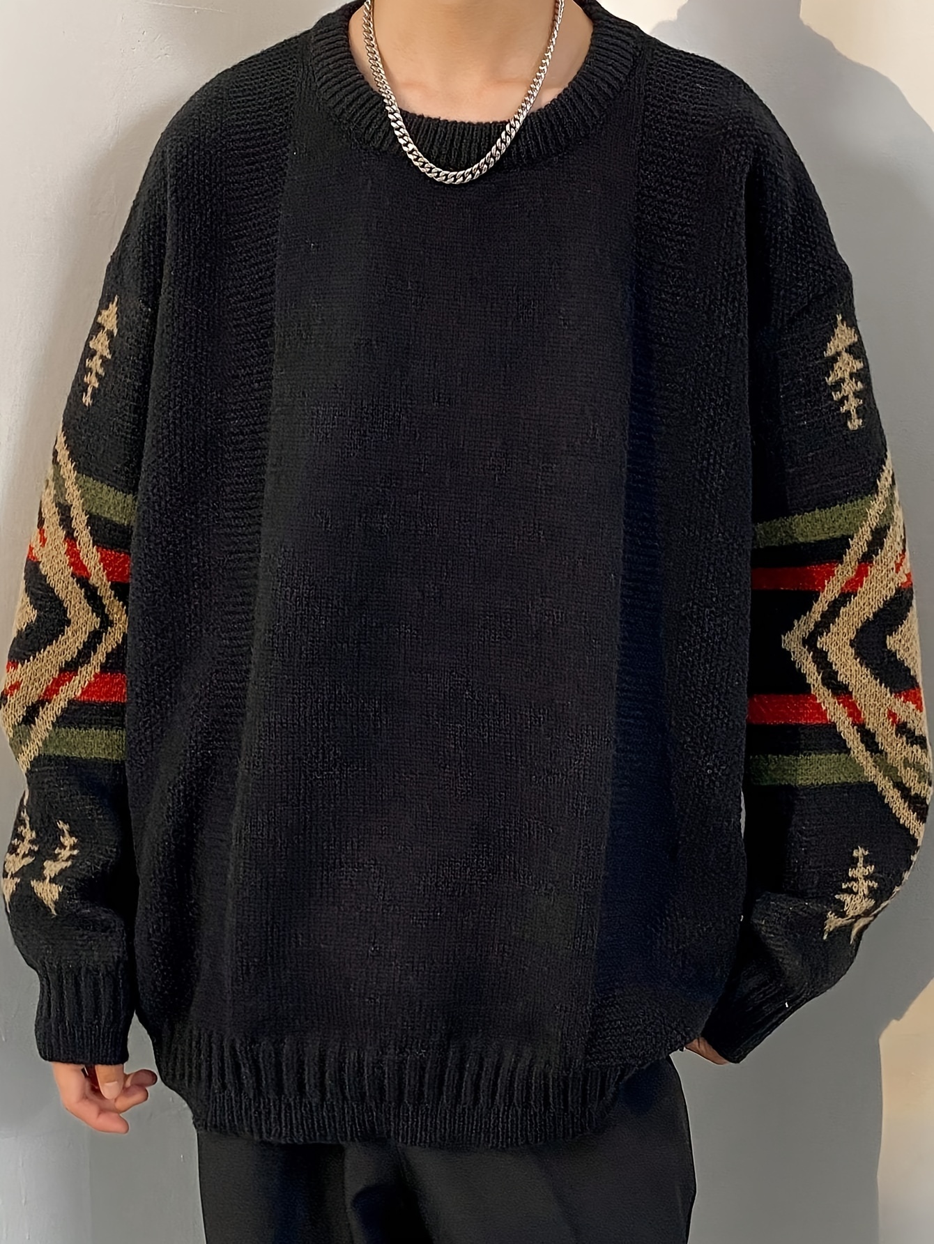 mens plus size sweater with tribal pattern print casual and preppy style crew neck knitted pullover cozy and warm for fall winter details 3