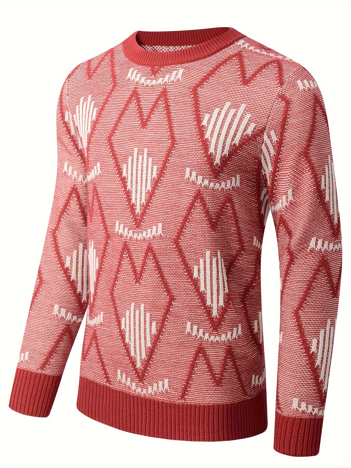 plus size mens argyle print knitted pullover casual long sleeve crew neck sweater for fall winter details 0