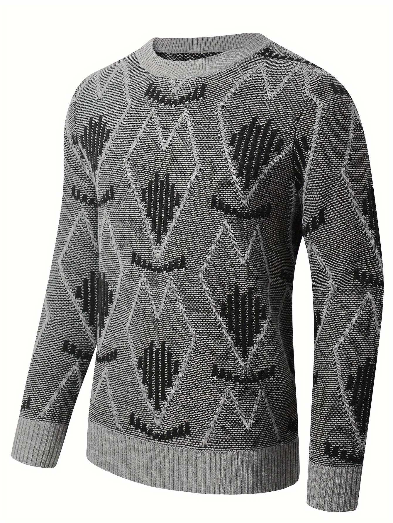 plus size mens argyle print knitted pullover casual long sleeve crew neck sweater for fall winter details 6