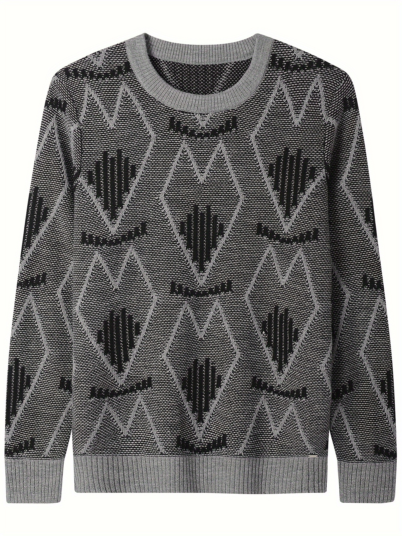 plus size mens argyle print knitted pullover casual long sleeve crew neck sweater for fall winter details 10