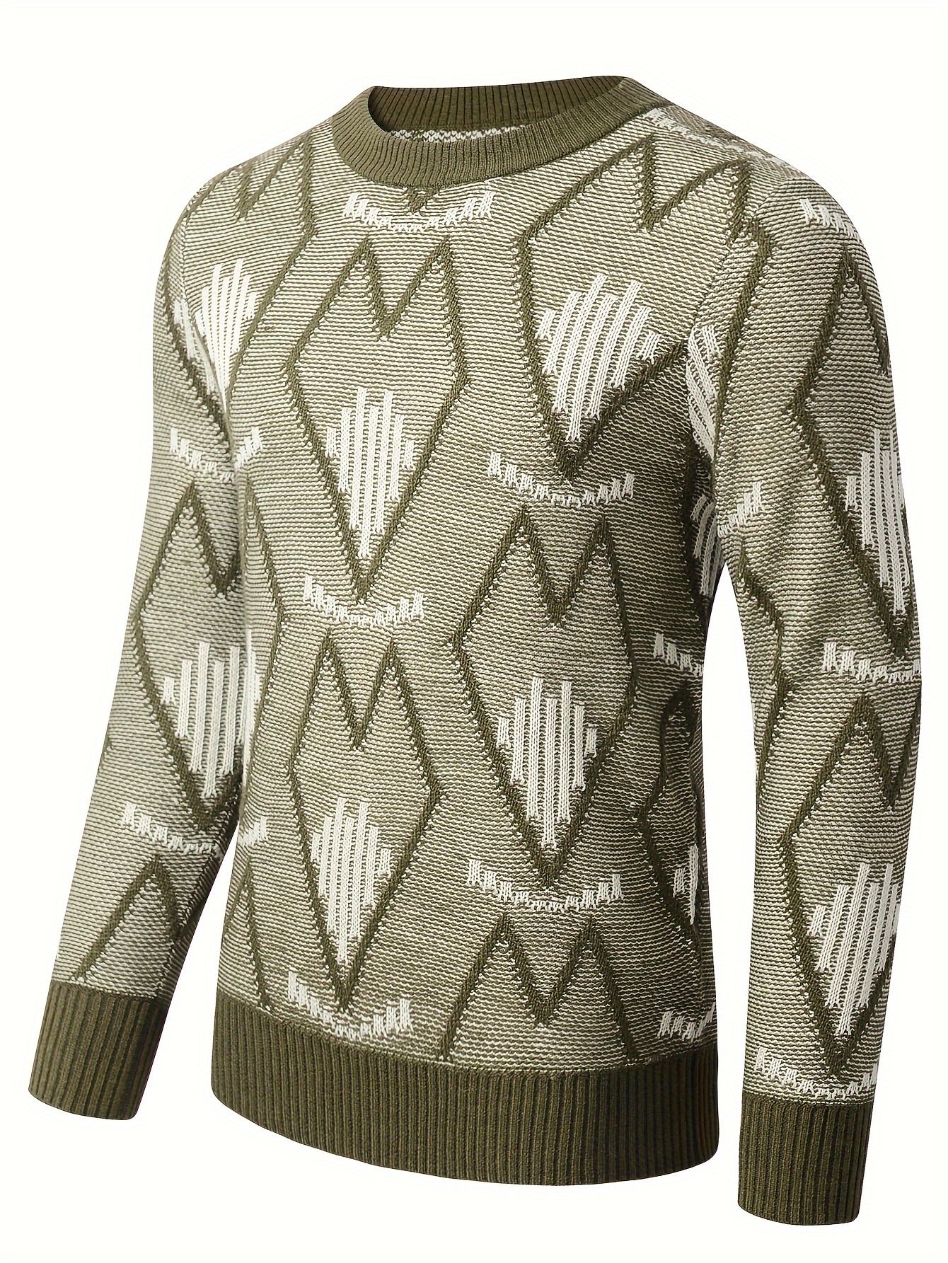 plus size mens argyle print knitted pullover casual long sleeve crew neck sweater for fall winter details 12