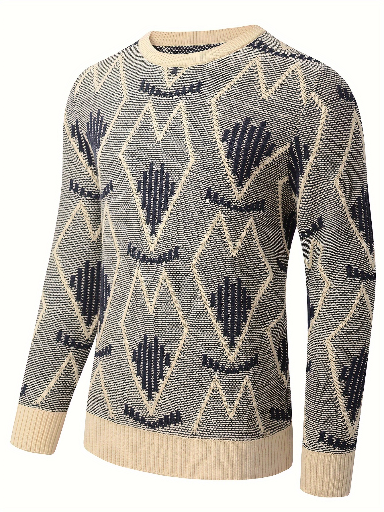 plus size mens argyle print knitted pullover casual long sleeve crew neck sweater for fall winter details 27