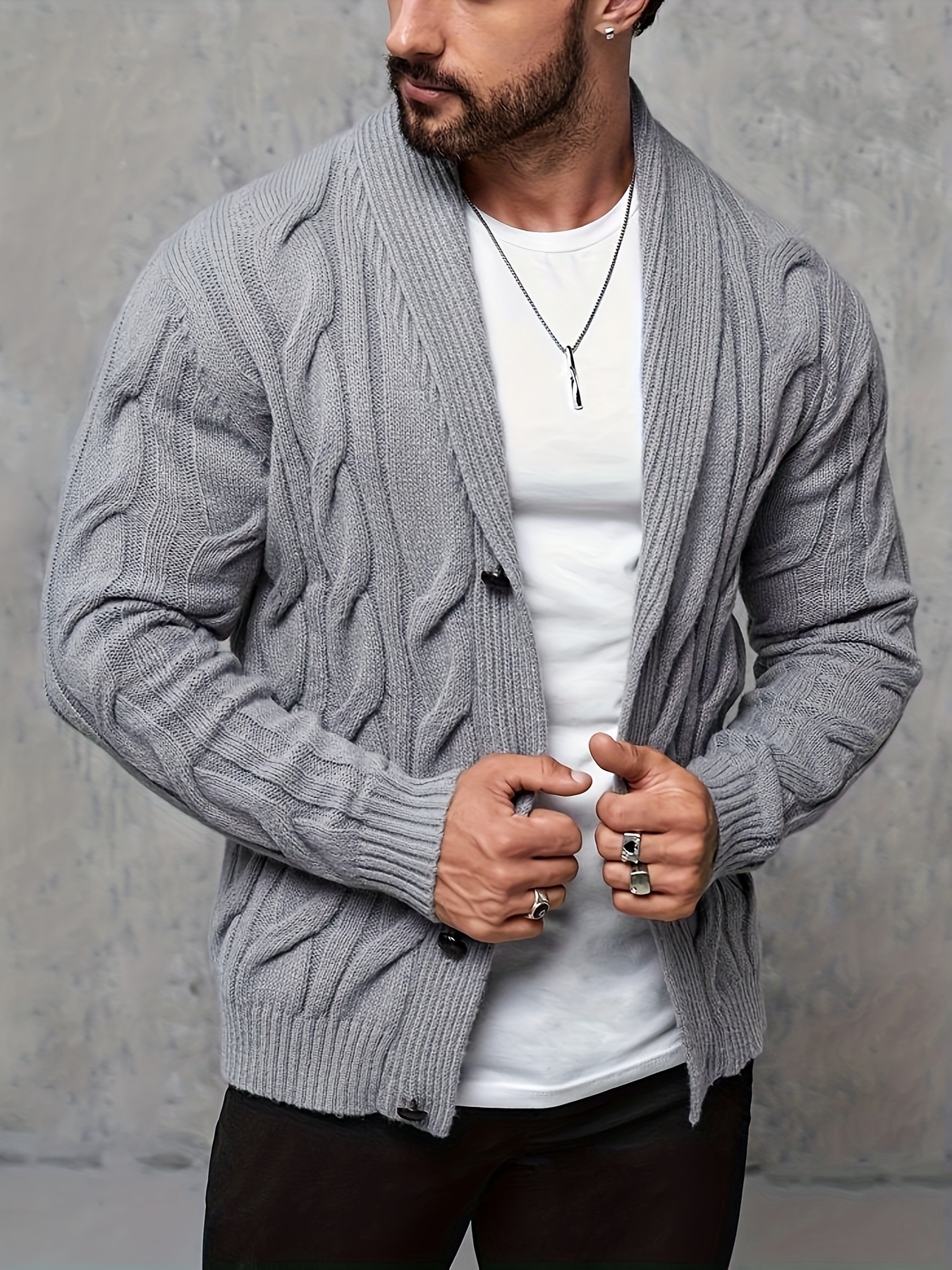 plus size mens solid cable knit cardigan button up coat for fall winter mens clothing details 1