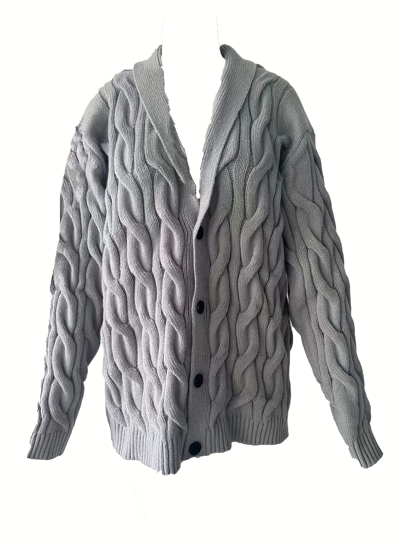 plus size mens solid cable knit cardigan button up coat for fall winter mens clothing details 2