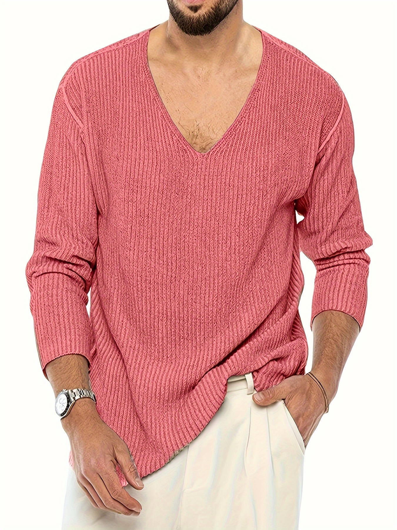 plus size mens solid knit sweater spring fall v neck pullover mens clothing outdoor details 0