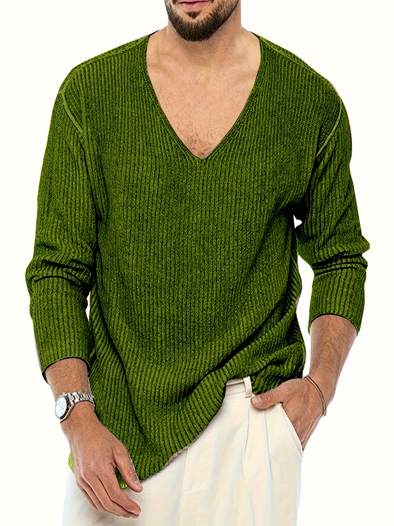 plus size mens solid knit sweater spring fall v neck pullover mens clothing outdoor details 6