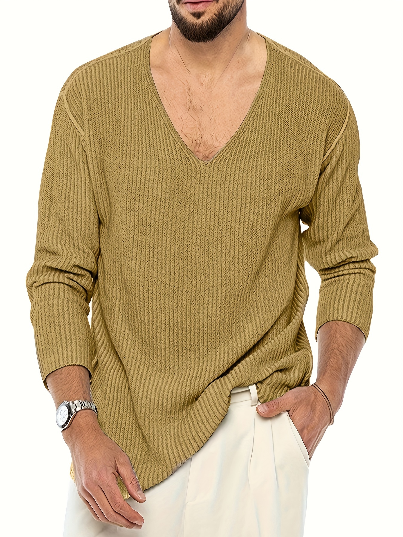 plus size mens solid knit sweater spring fall v neck pullover mens clothing outdoor details 12