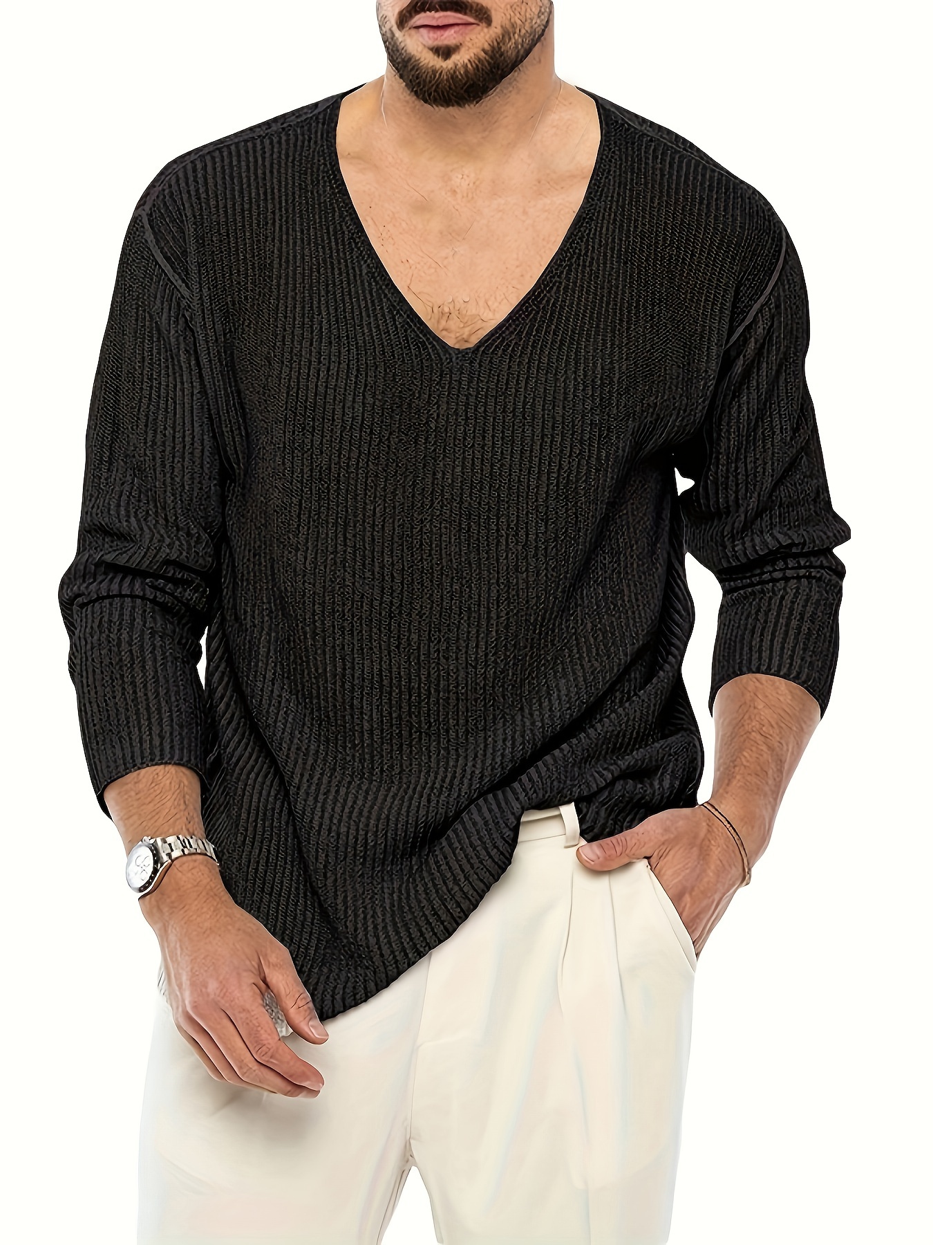 plus size mens solid knit sweater spring fall v neck pullover mens clothing outdoor details 24