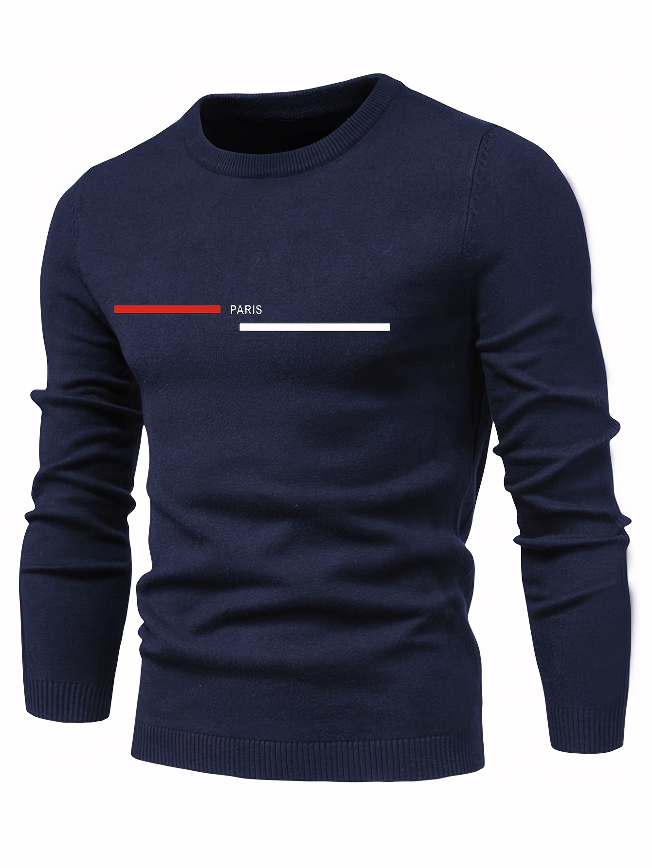 paris and red and white long bars geometric graphic print mens long sleeve sweater casual warm flex crew neck pullover for men for fall and winter details 2