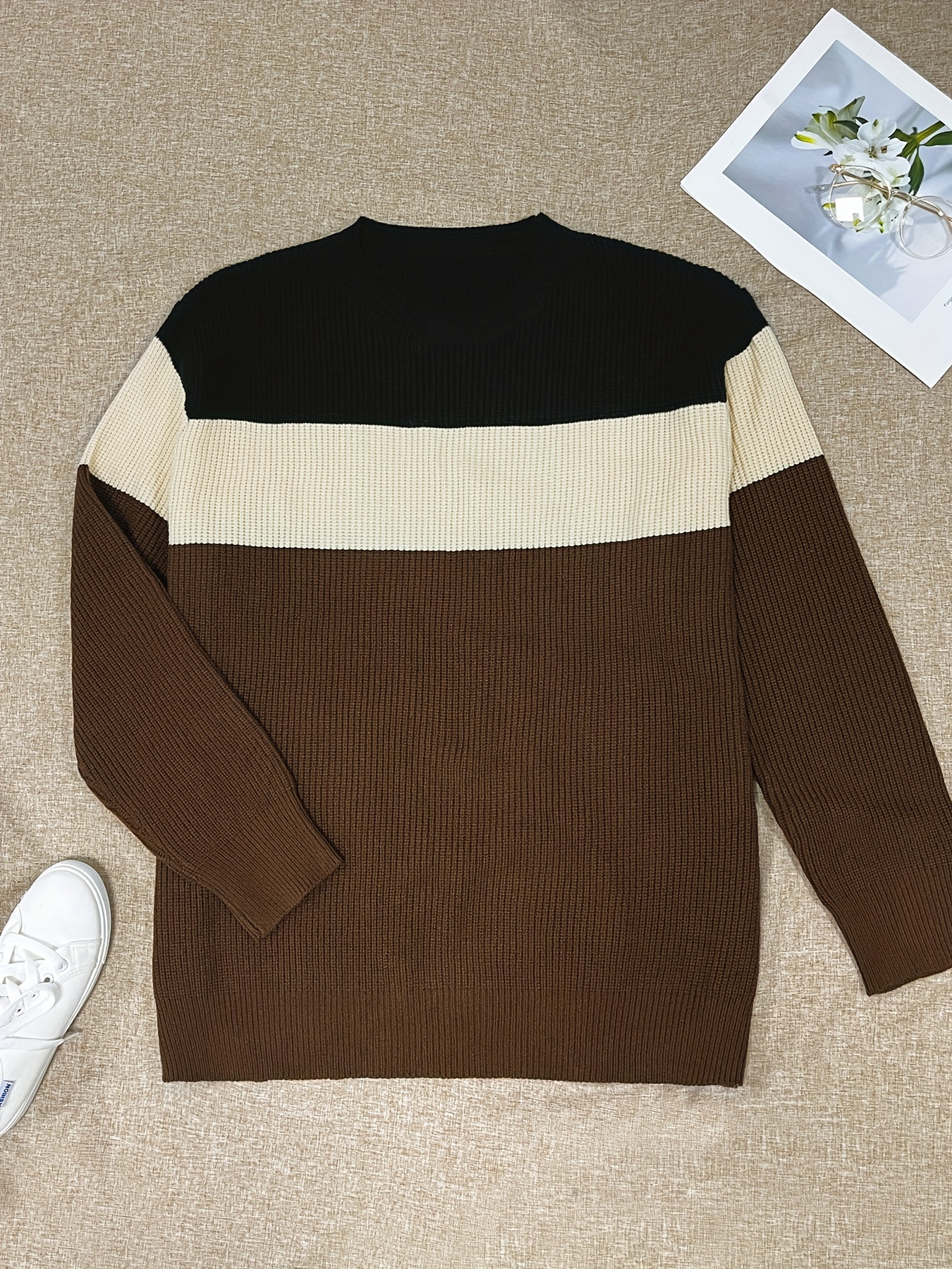 plus size mens contrast color knit sweater for spring fall fashion casual pullover details 0