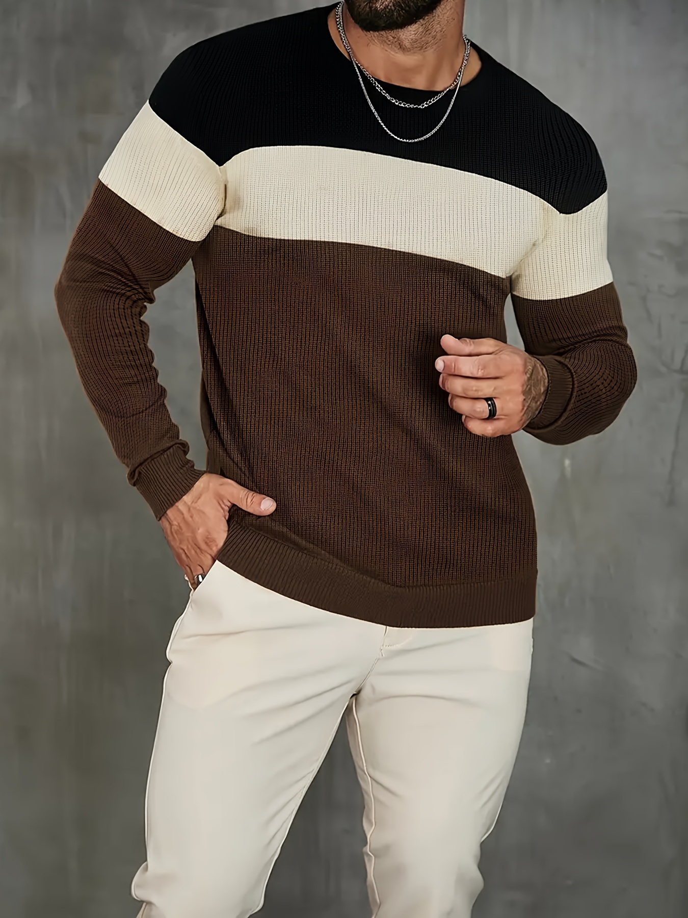 plus size mens contrast color knit sweater for spring fall fashion casual pullover details 3