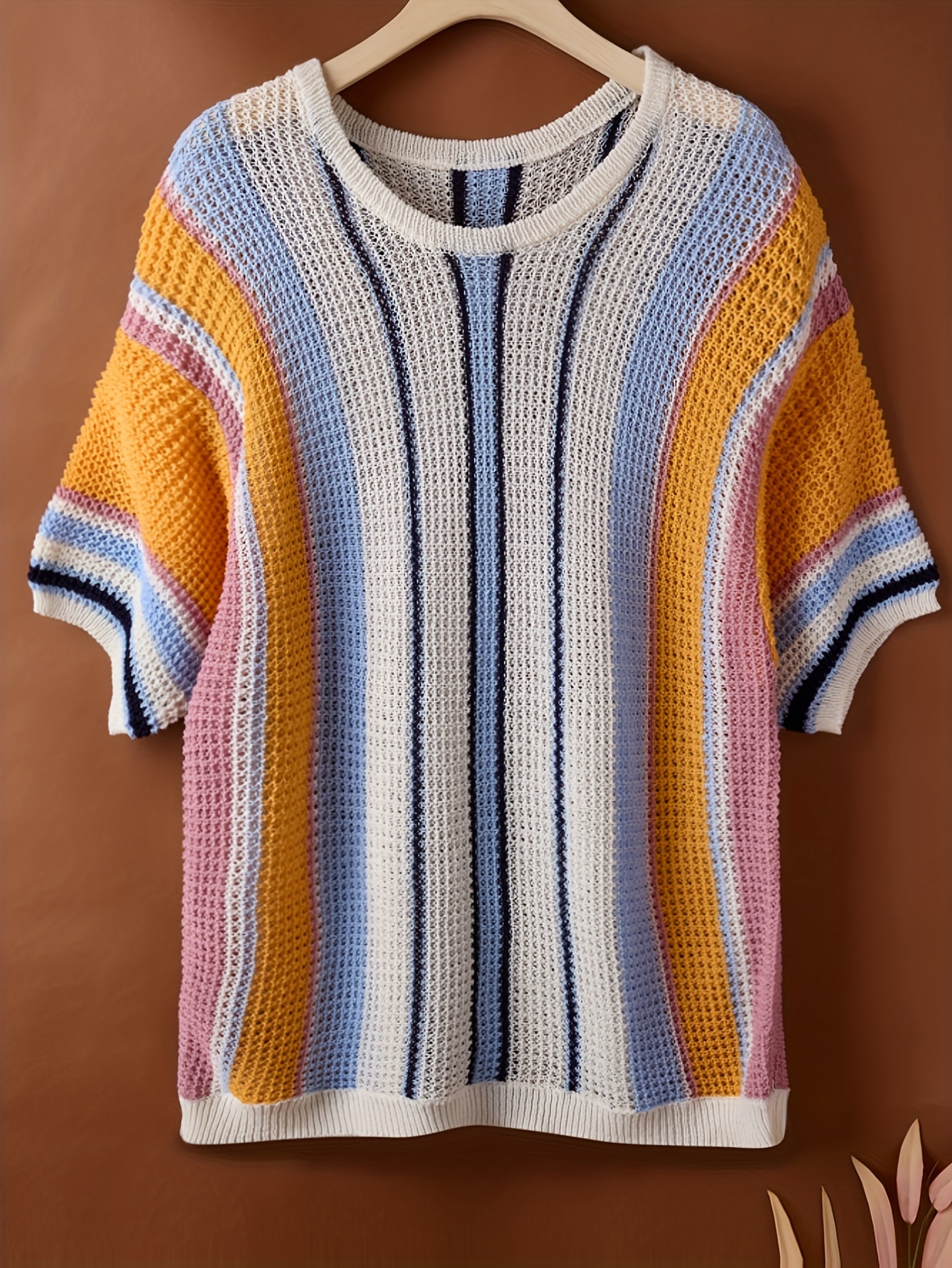 plus size mens casual color block striped knit sweater loose fit summer pullover breathable short sleeve vacation style details 2