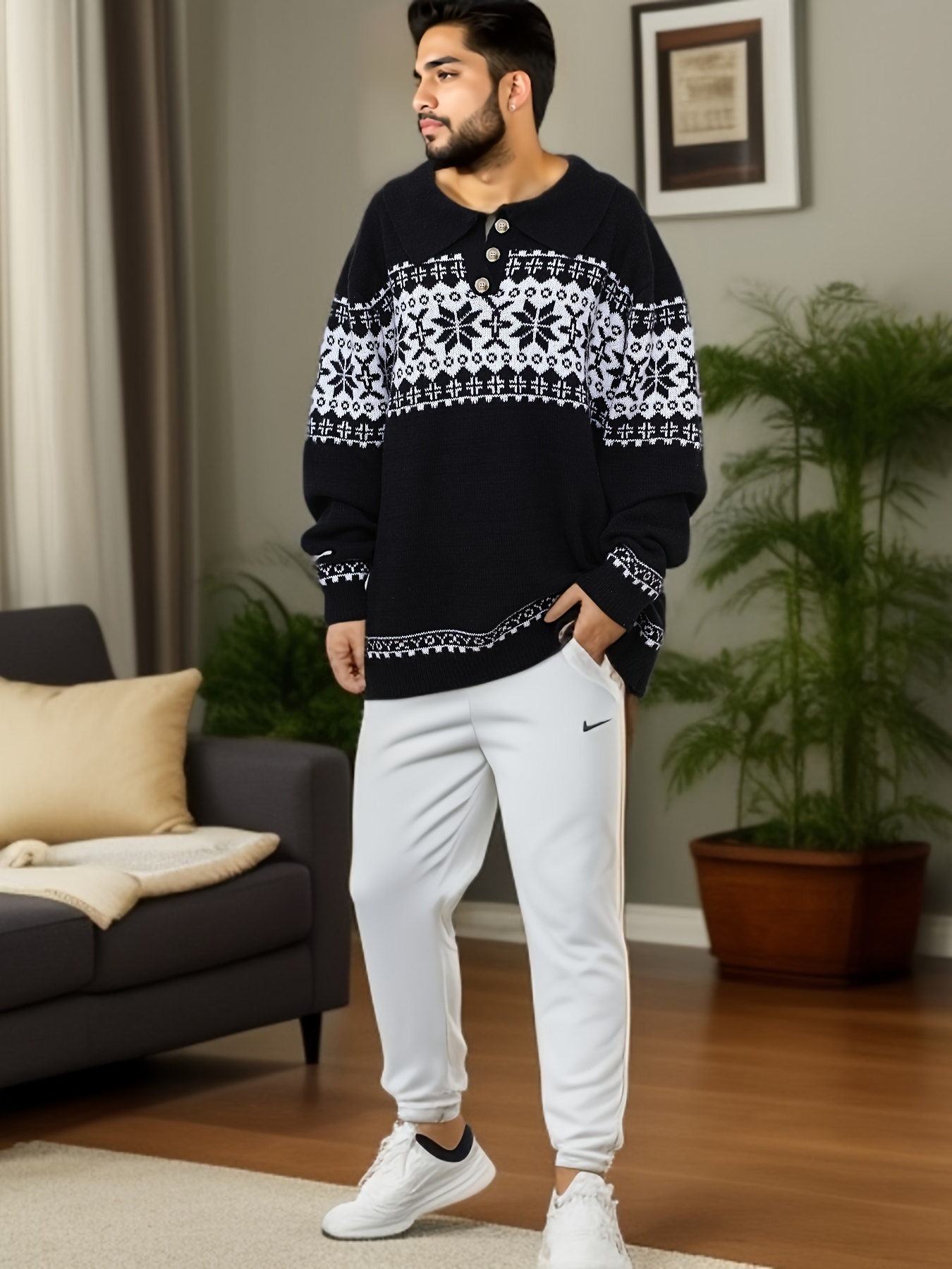 plus size mens jacquard   collar sweater for spring autumn knit pullover sweater details 0