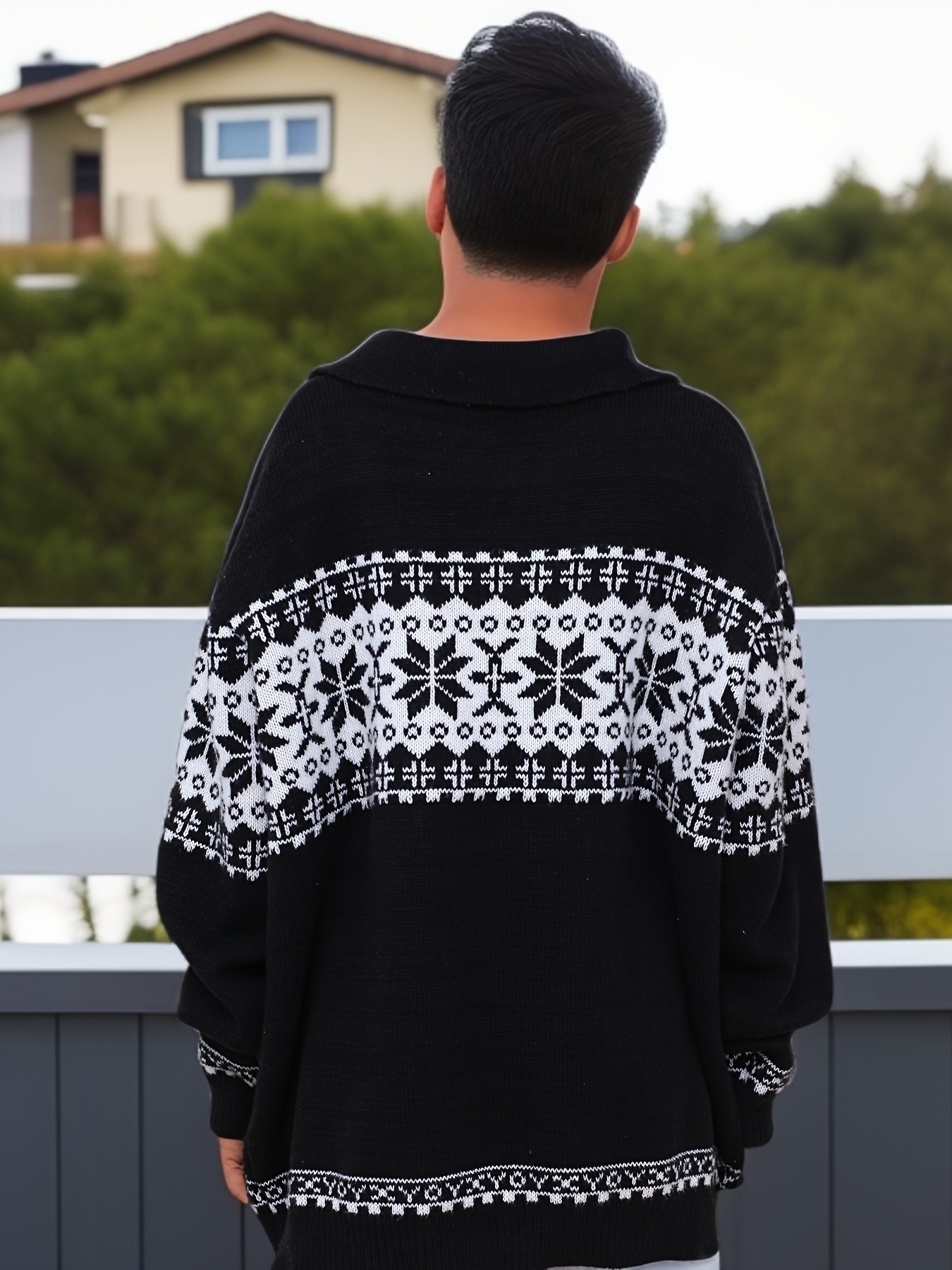 plus size mens jacquard   collar sweater for spring autumn knit pullover sweater details 2