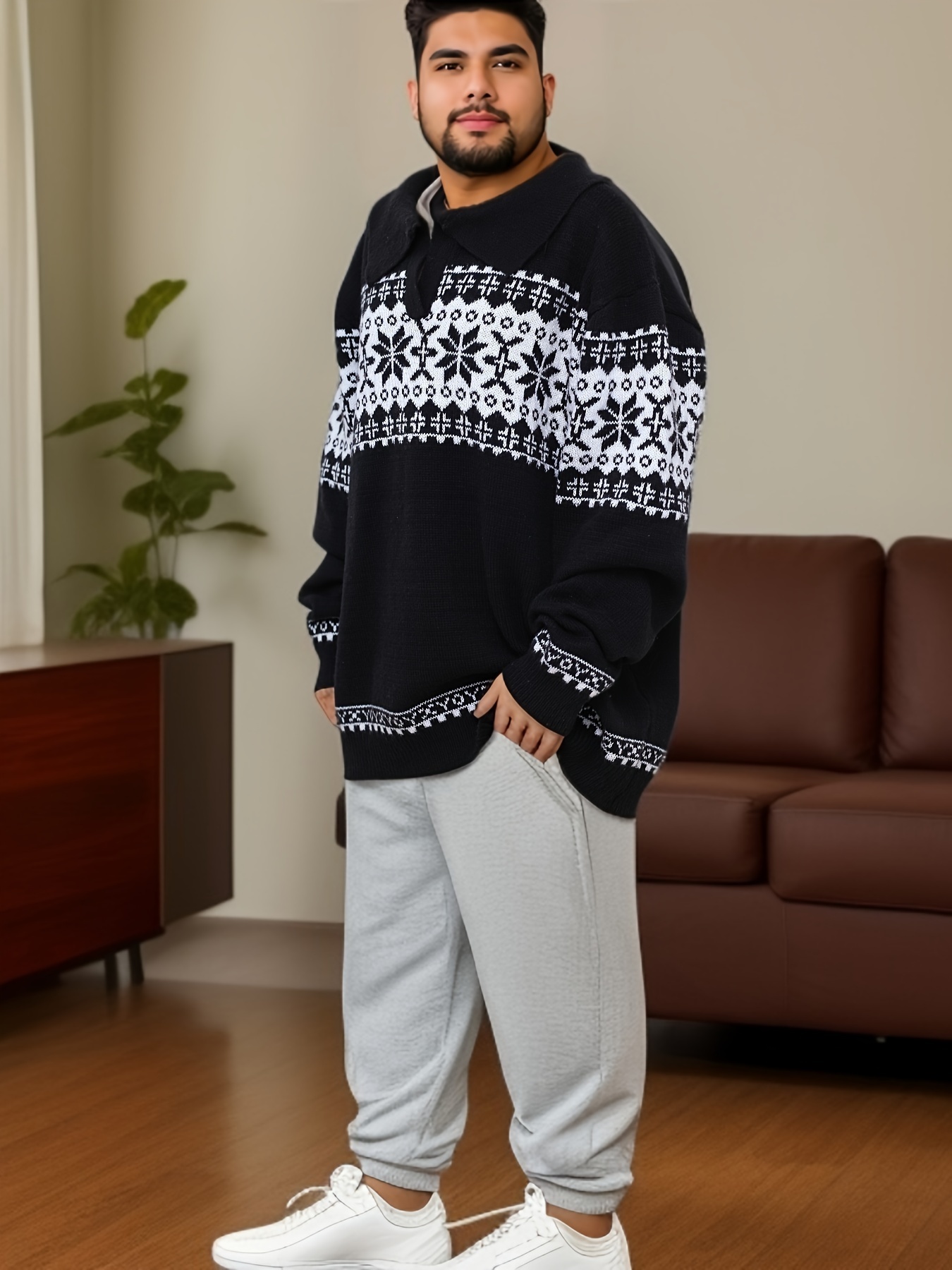 plus size mens jacquard   collar sweater for spring autumn knit pullover sweater details 3