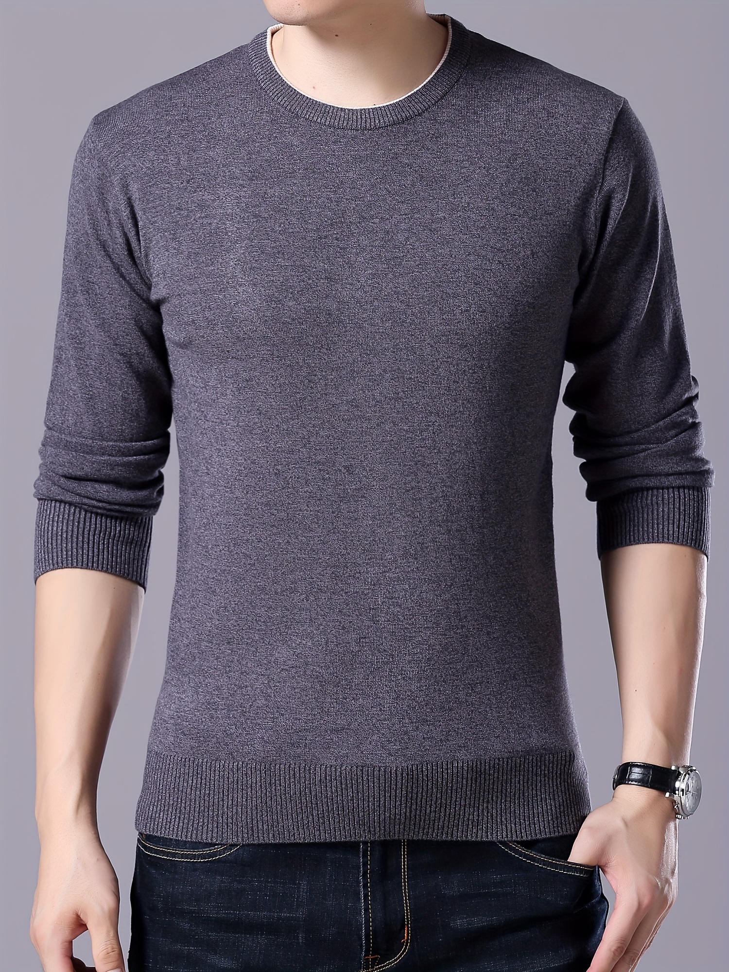 plus size mens solid knit sweater for spring fall trendy slim fit long sleeve pullover details 0