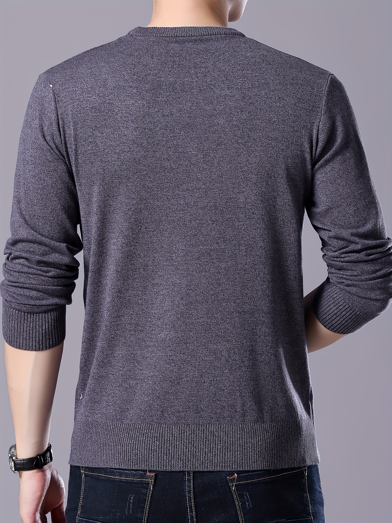 plus size mens solid knit sweater for spring fall trendy slim fit long sleeve pullover details 1