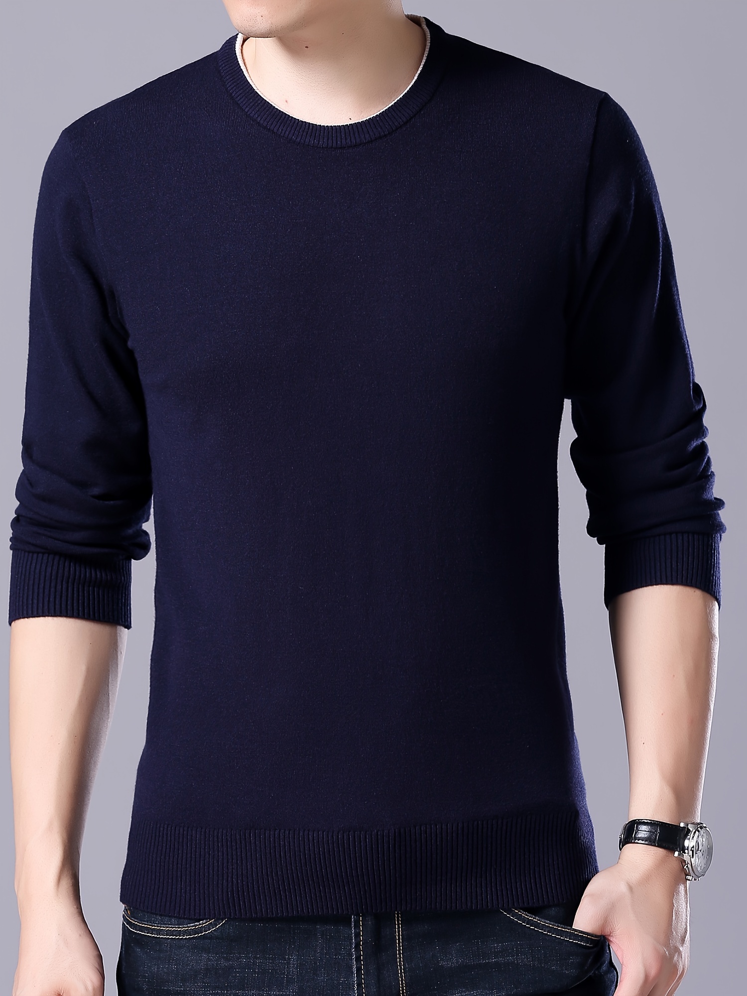 plus size mens solid knit sweater for spring fall trendy slim fit long sleeve pullover details 2