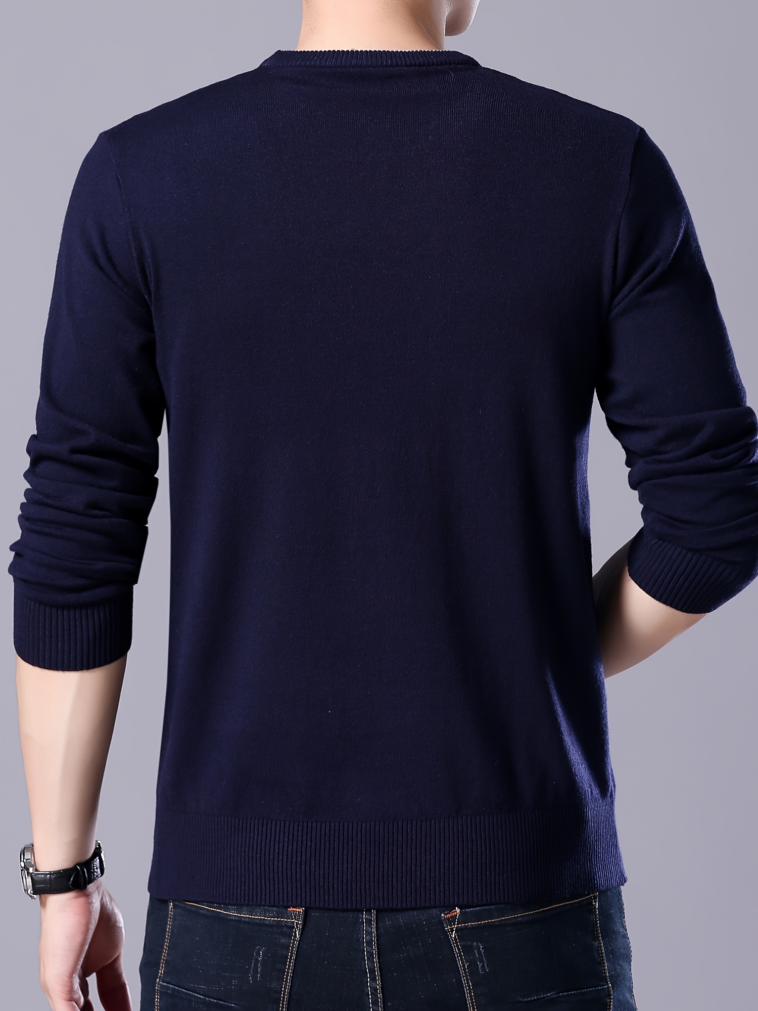 plus size mens solid knit sweater for spring fall trendy slim fit long sleeve pullover details 3