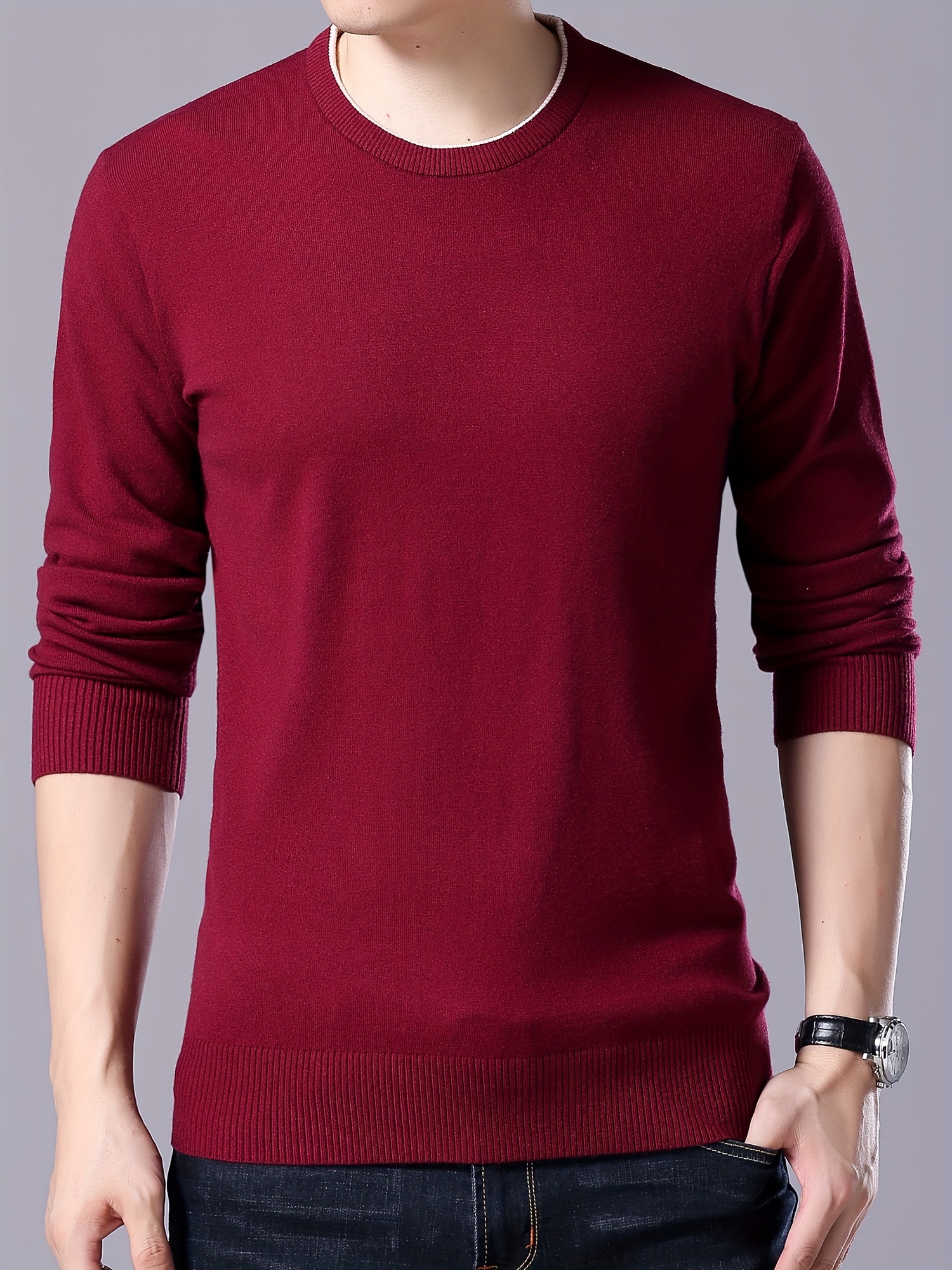 plus size mens solid knit sweater for spring fall trendy slim fit long sleeve pullover details 4