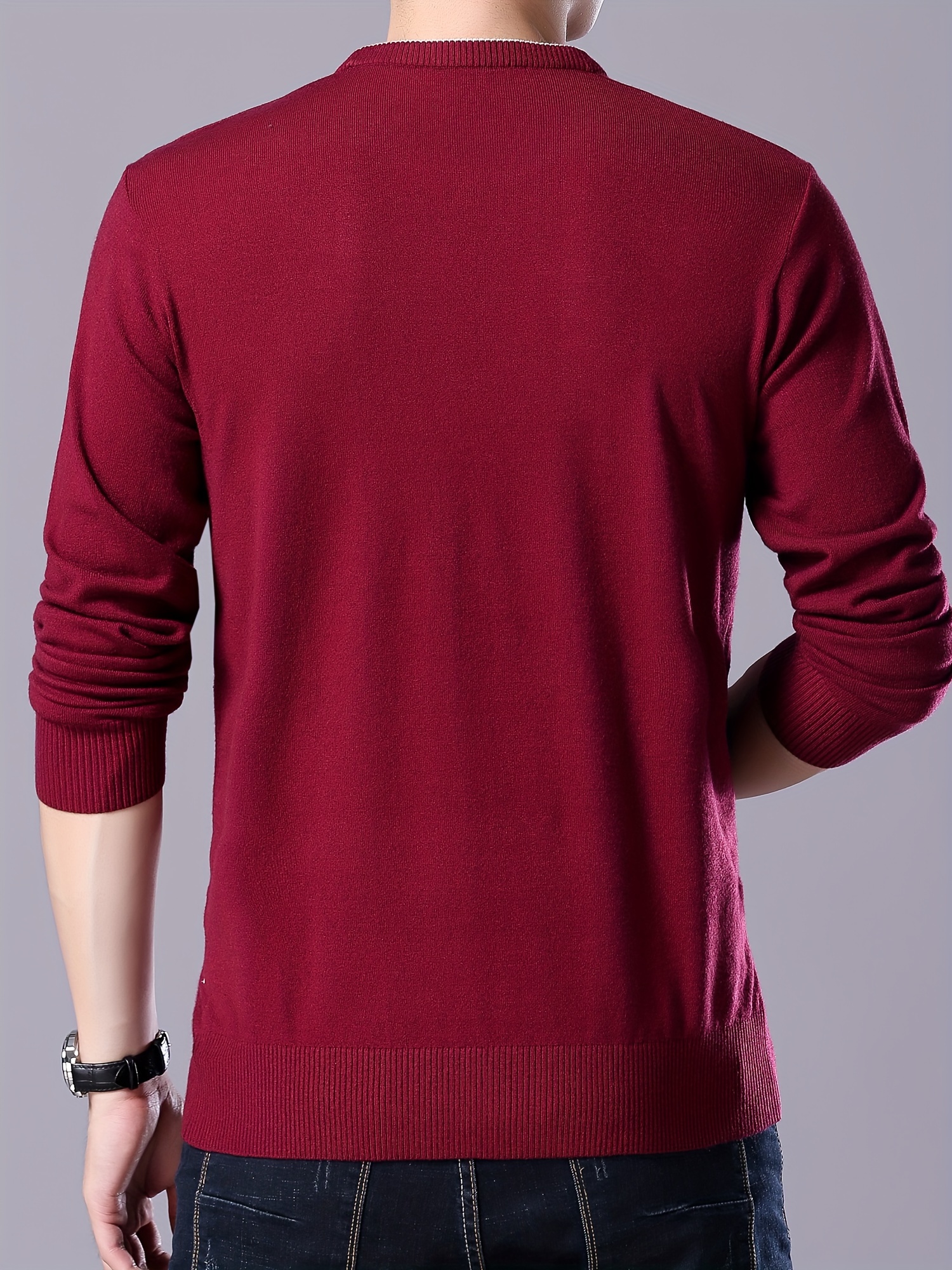 plus size mens solid knit sweater for spring fall trendy slim fit long sleeve pullover details 5