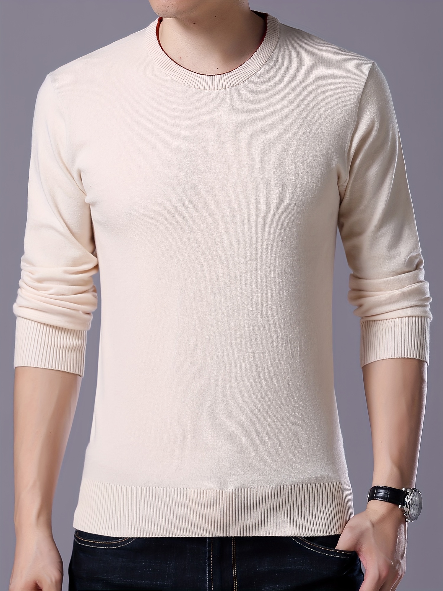 plus size mens solid knit sweater for spring fall trendy slim fit long sleeve pullover details 6