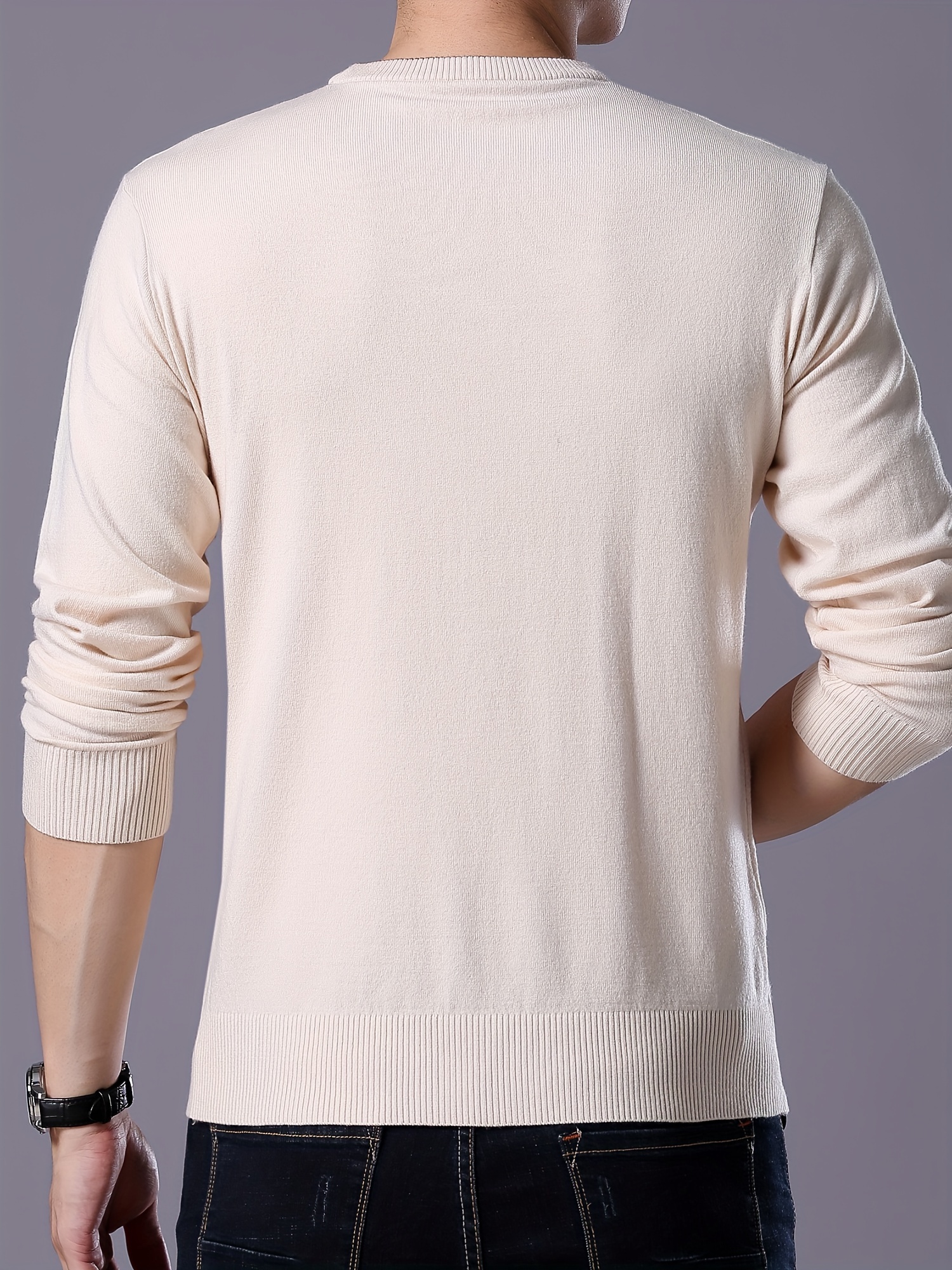 plus size mens solid knit sweater for spring fall trendy slim fit long sleeve pullover details 7