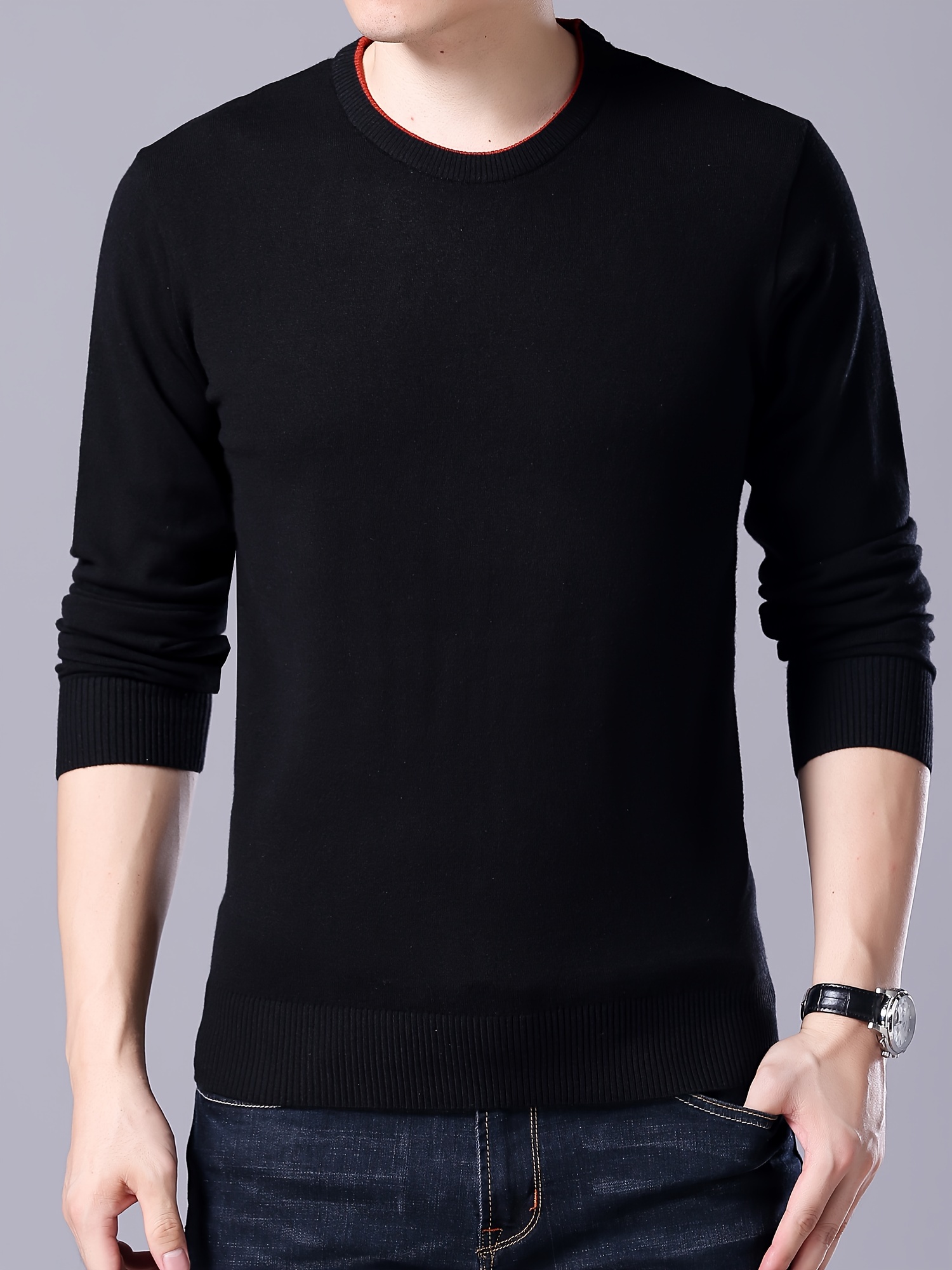 plus size mens solid knit sweater for spring fall trendy slim fit long sleeve pullover details 8