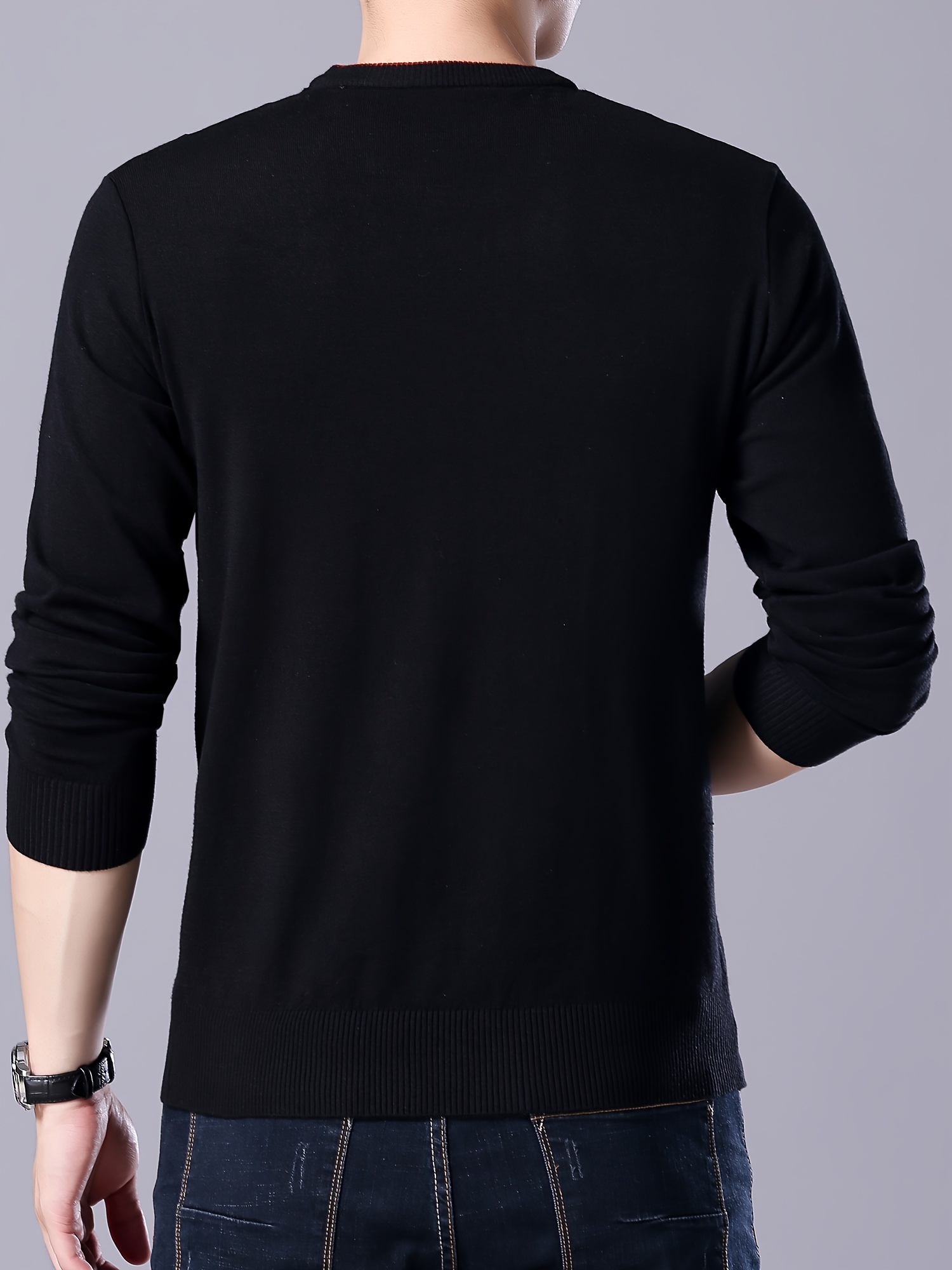 plus size mens solid knit sweater for spring fall trendy slim fit long sleeve pullover details 9