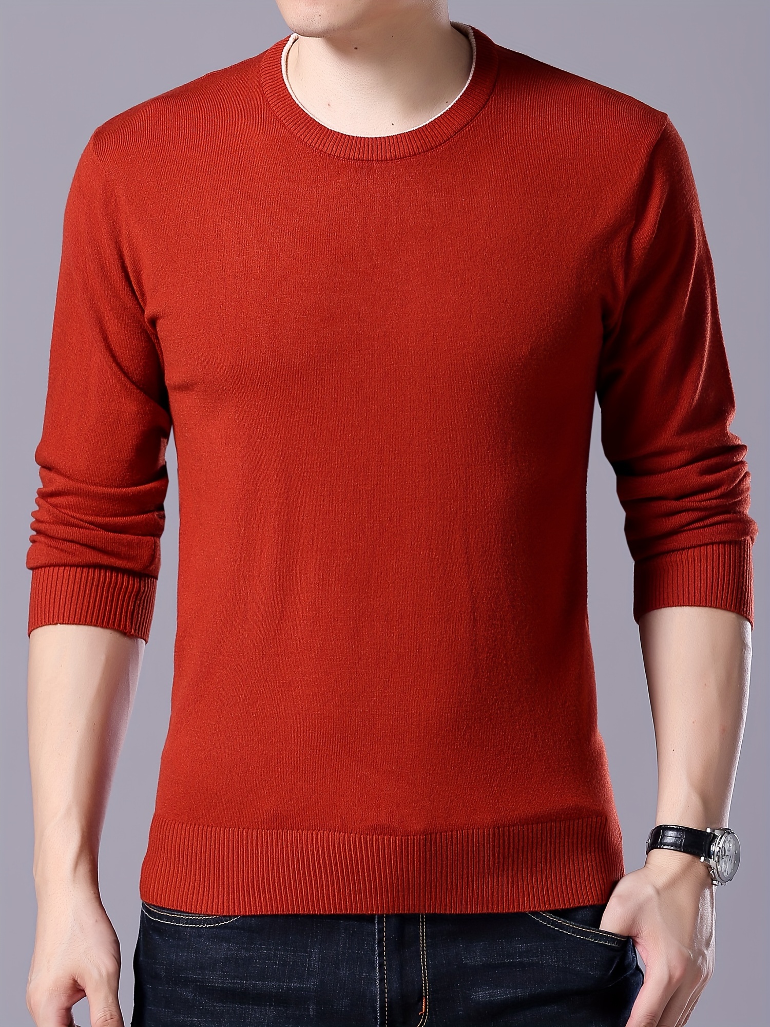 plus size mens solid knit sweater for spring fall trendy slim fit long sleeve pullover details 10