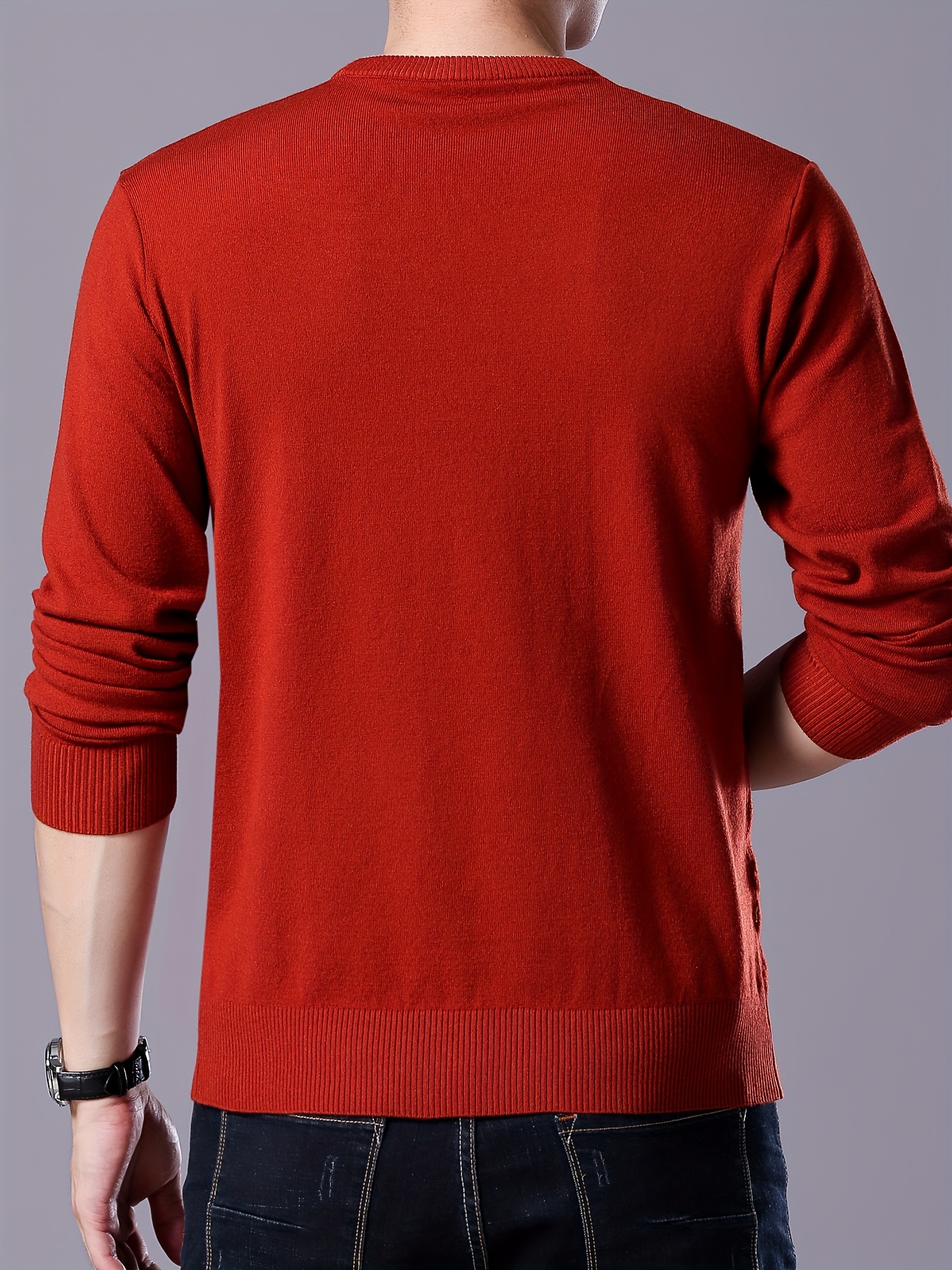 plus size mens solid knit sweater for spring fall trendy slim fit long sleeve pullover details 11