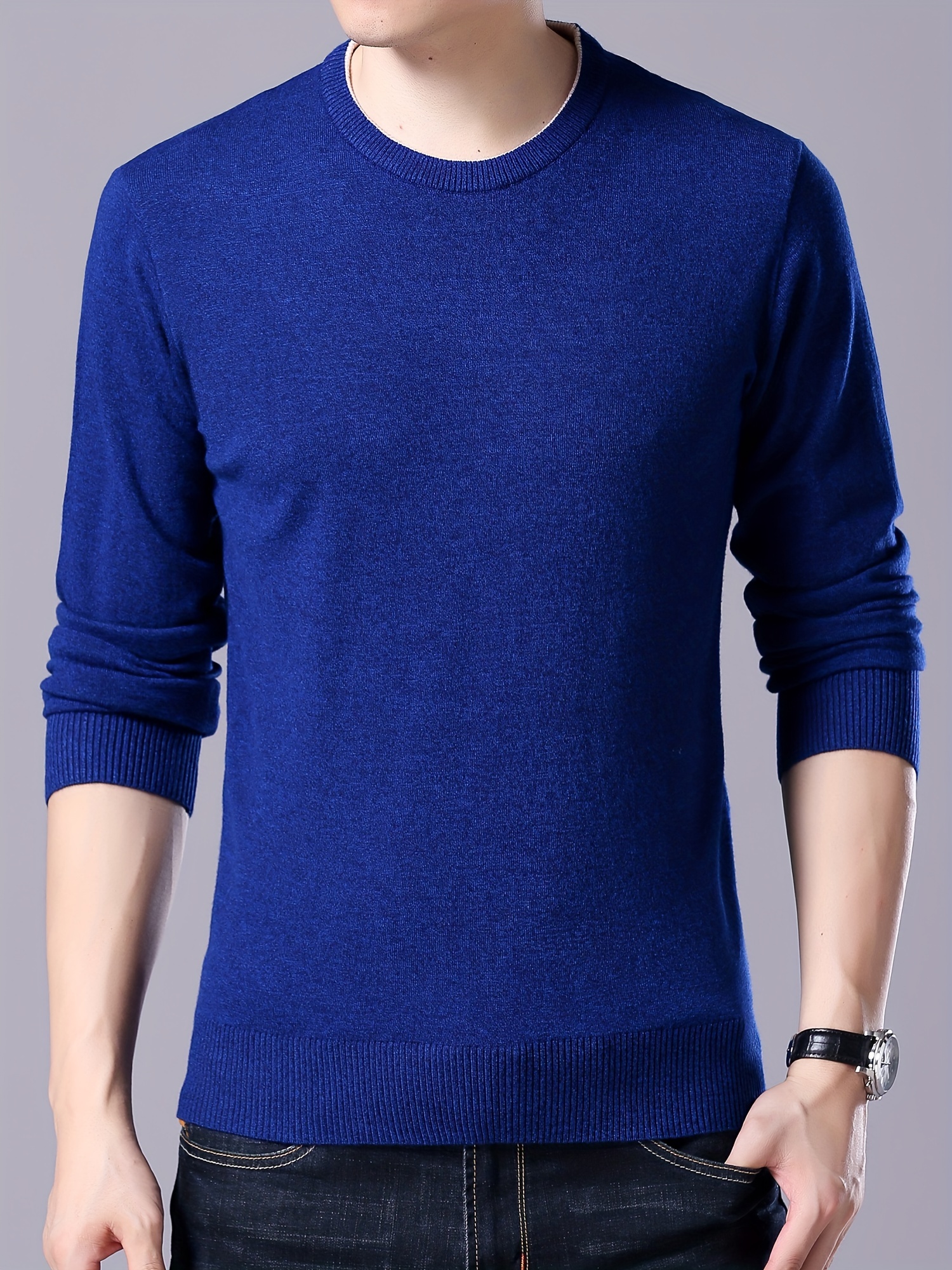 plus size mens solid knit sweater for spring fall trendy slim fit long sleeve pullover details 12