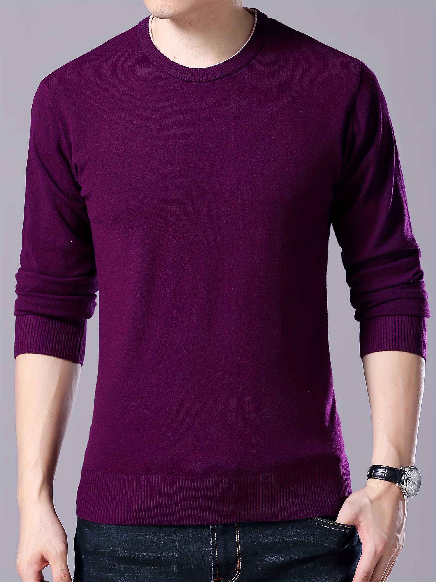 plus size mens solid knit sweater for spring fall trendy slim fit long sleeve pullover details 14