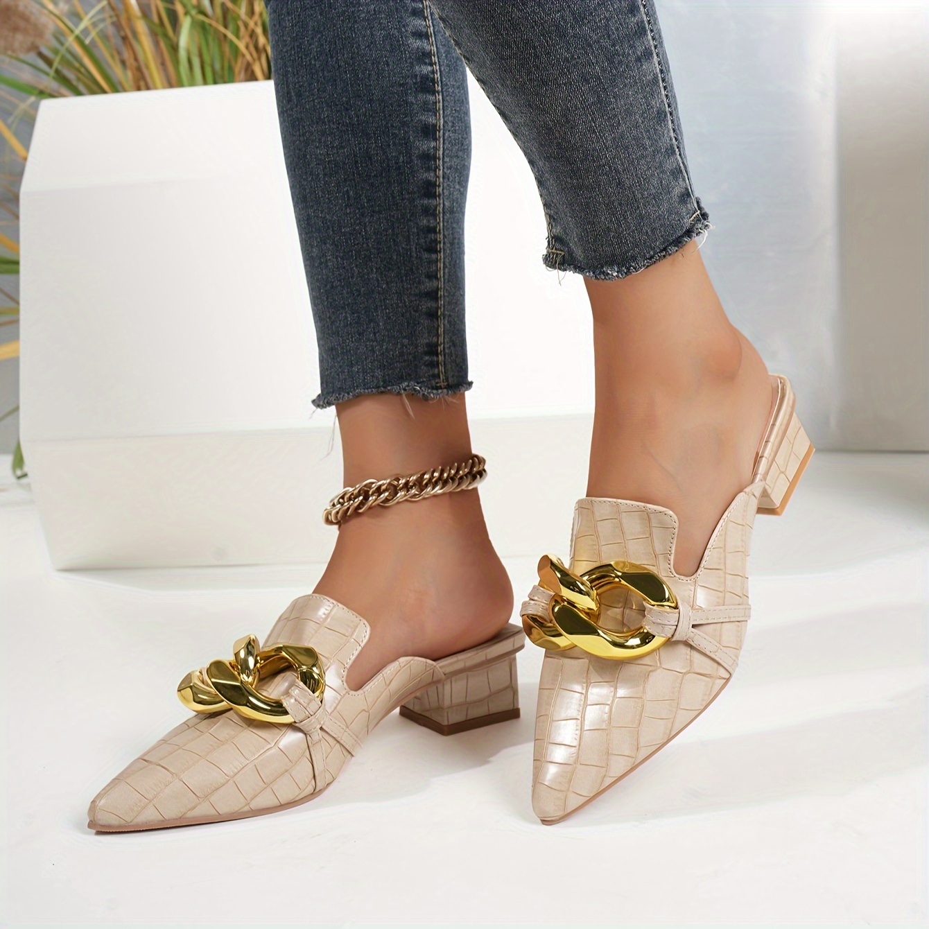 womens metallic buckle decor mules fashion pointed toe chunky low heeled sandals all match backless shoes details 3