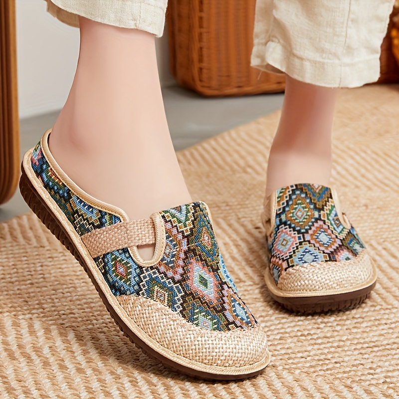 womens colorful geometric print shoes soft sole lightweight slip on casual shoes half drag daily comfy mules details 1