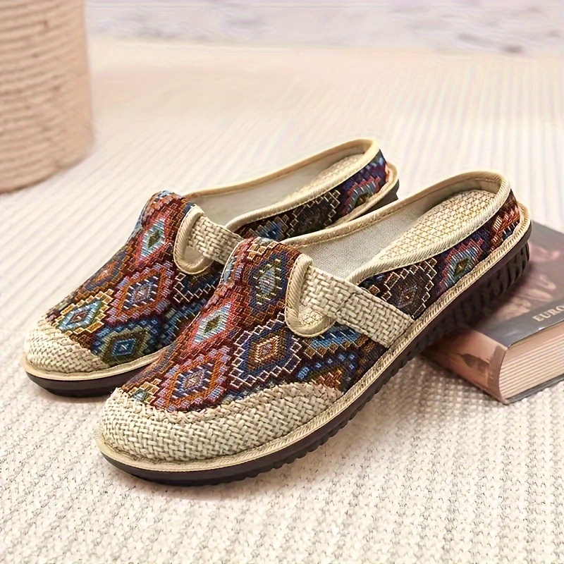 womens colorful geometric print shoes soft sole lightweight slip on casual shoes half drag daily comfy mules details 7