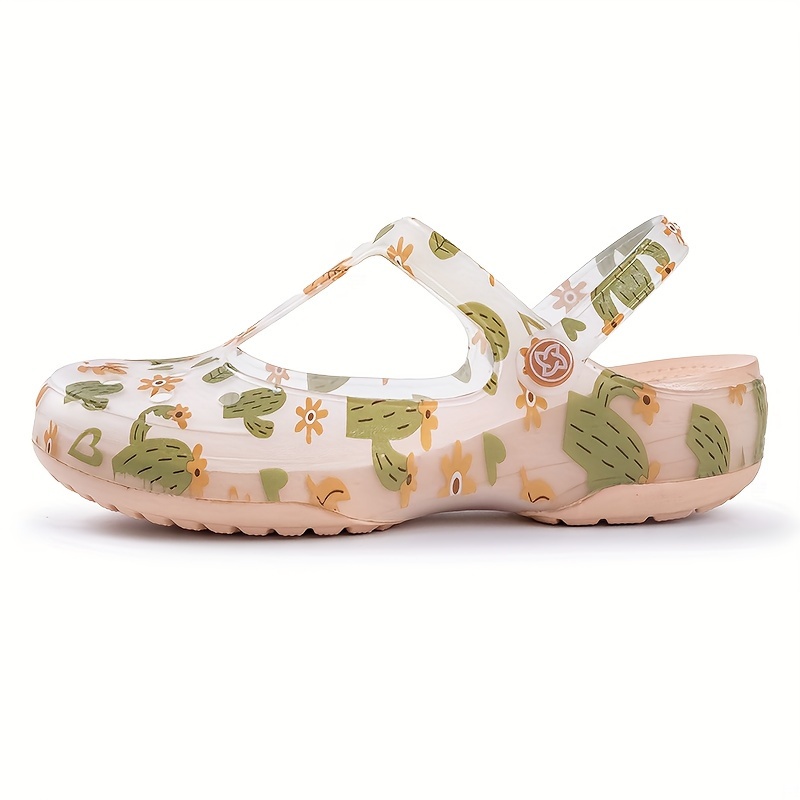 womens cartoon floral print clogs soft sole platform slip on casual slides two way wear closed toe beach shoes details 2