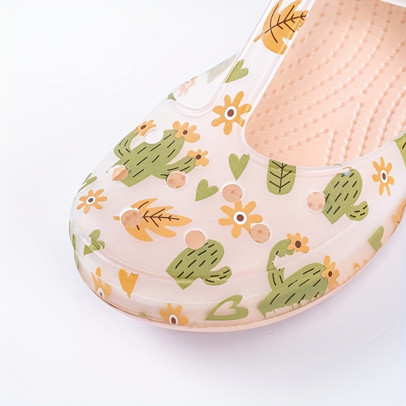 womens cartoon floral print clogs soft sole platform slip on casual slides two way wear closed toe beach shoes details 3