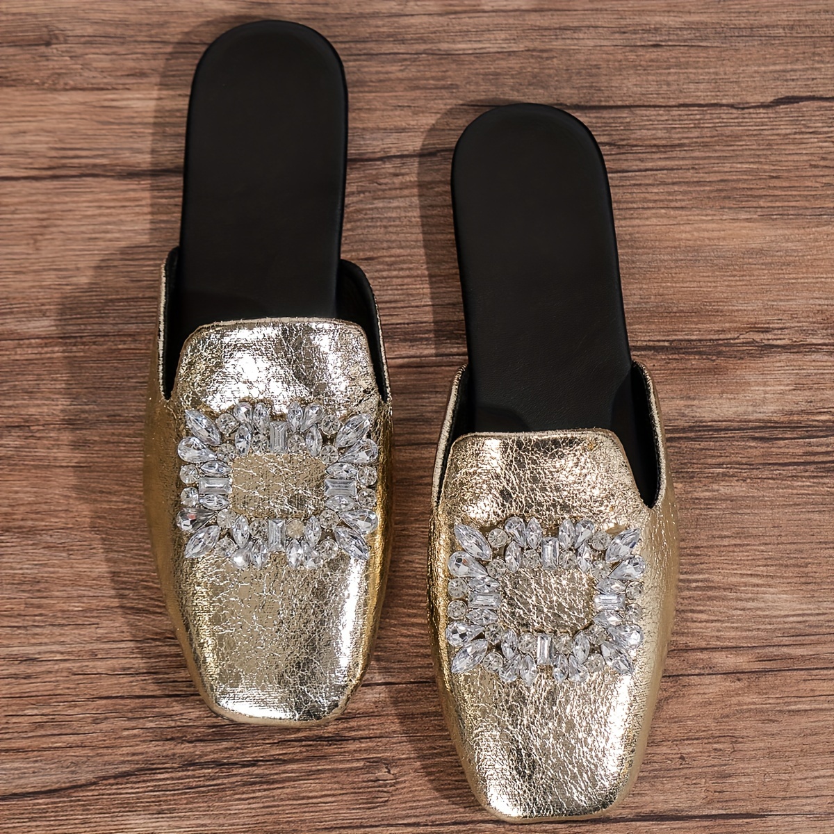 womens rhinestone decor flat mules elegant square toe slip on shoes lightweight metallic shoes details 0