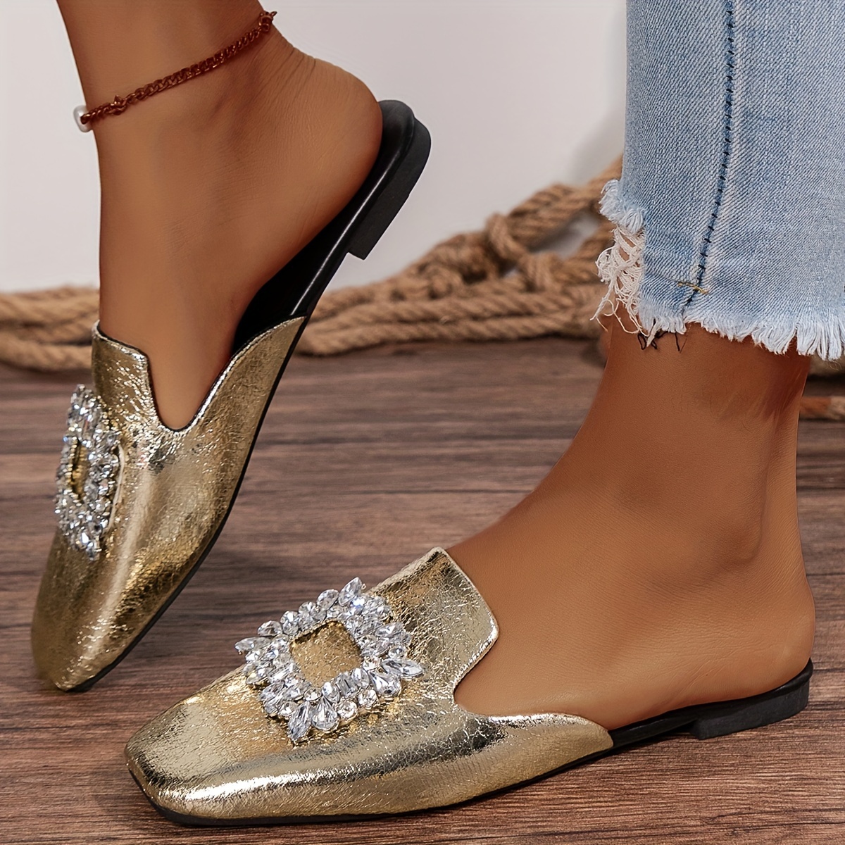 womens rhinestone decor flat mules elegant square toe slip on shoes lightweight metallic shoes details 1