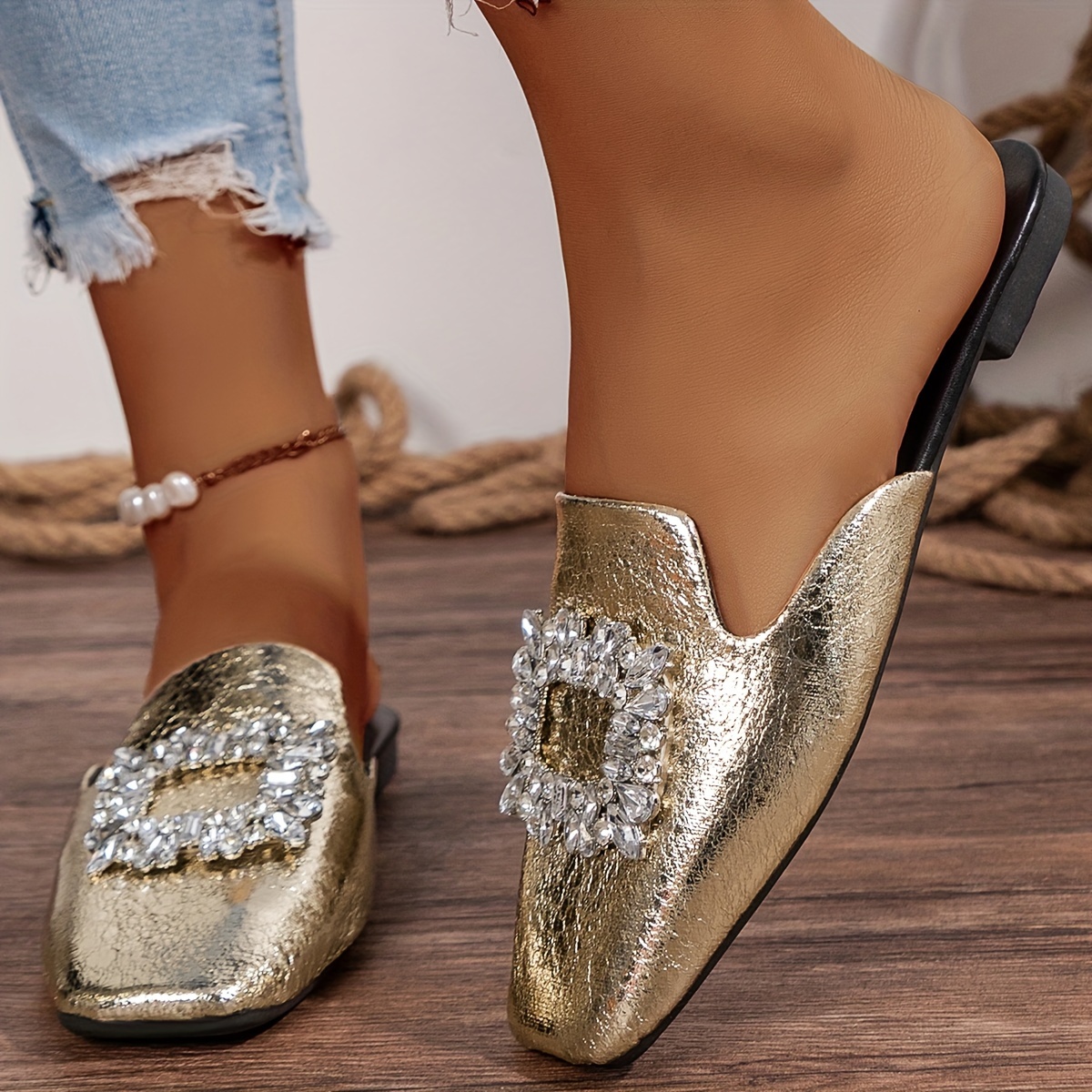 womens rhinestone decor flat mules elegant square toe slip on shoes lightweight metallic shoes details 2