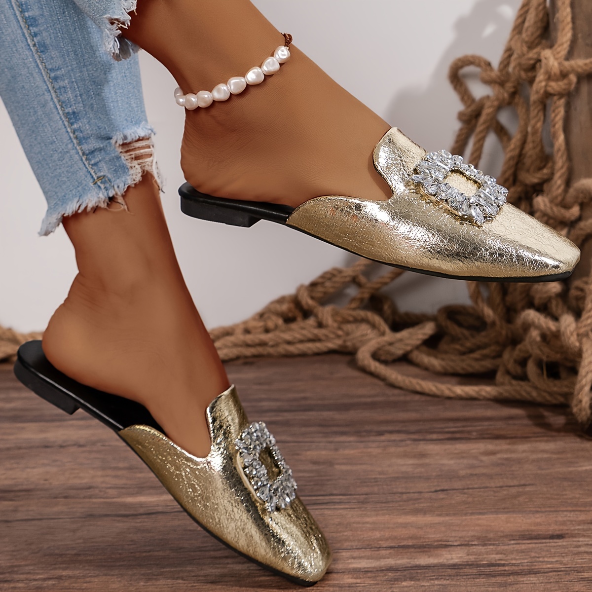 womens rhinestone decor flat mules elegant square toe slip on shoes lightweight metallic shoes details 4