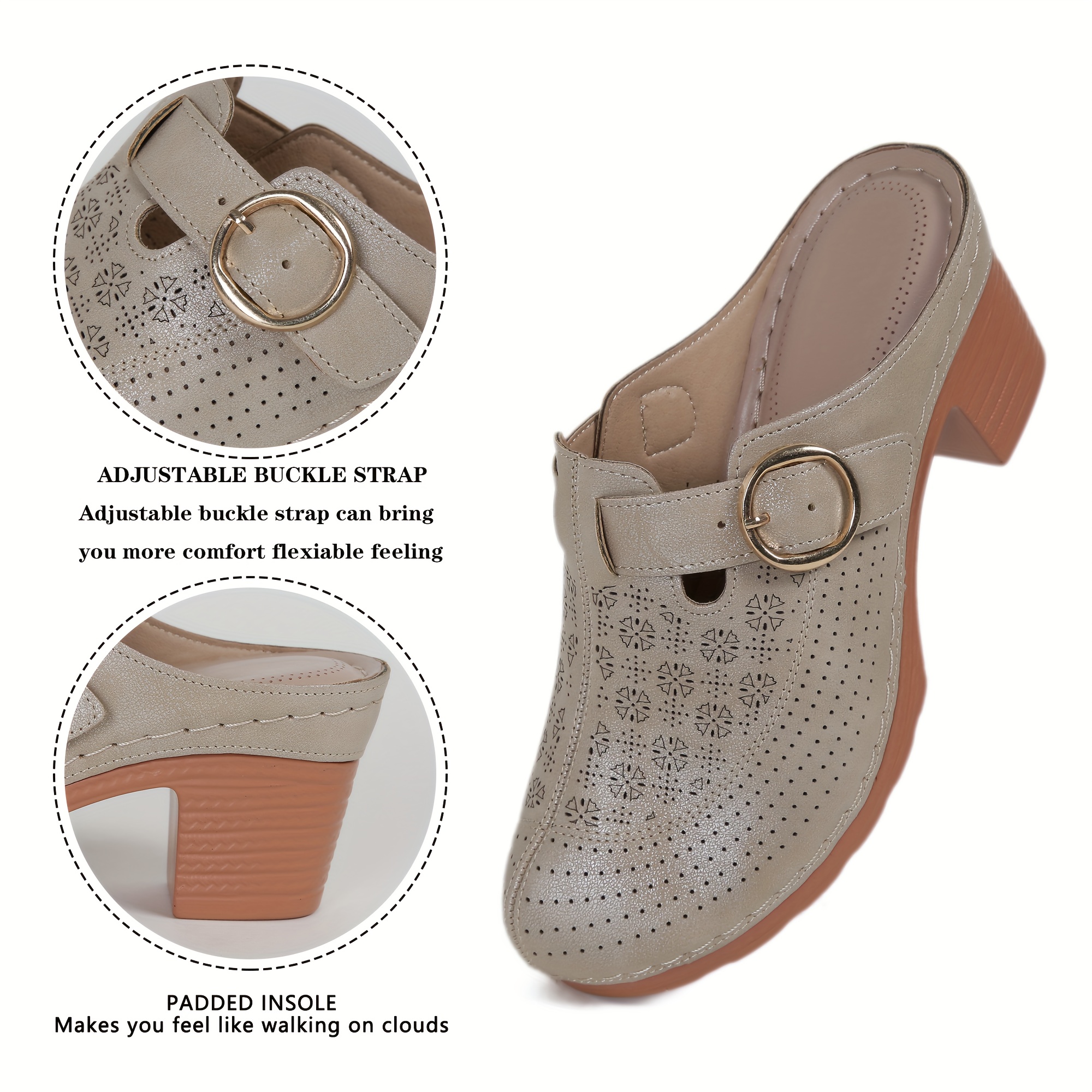 Women s Chunky Heeled Mules, Perforated Buckle Strap Closed Toe Sandals, Casual Going Out Slip On Backless Shoes details 0