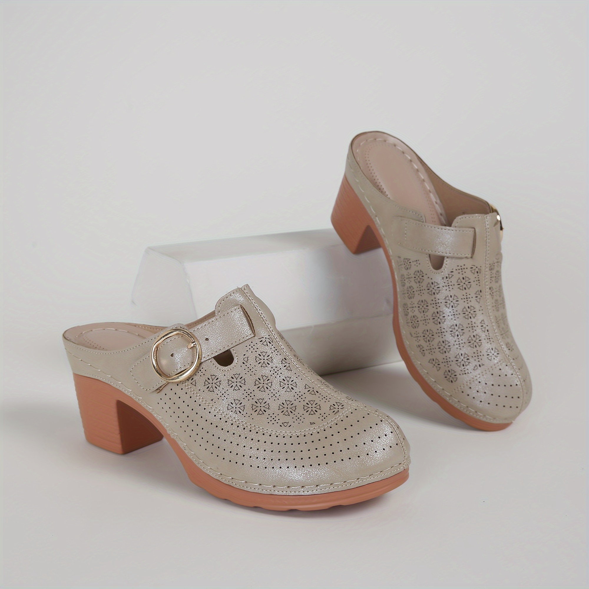 Women s Chunky Heeled Mules, Perforated Buckle Strap Closed Toe Sandals, Casual Going Out Slip On Backless Shoes details 1